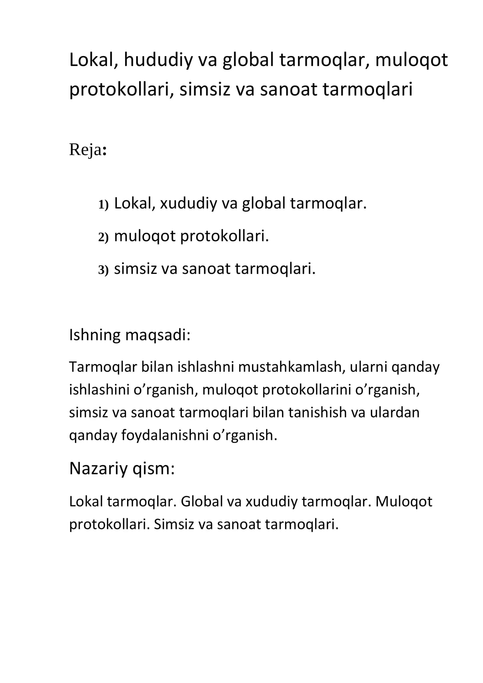 Tarmoqlarni rejalashtirish 2