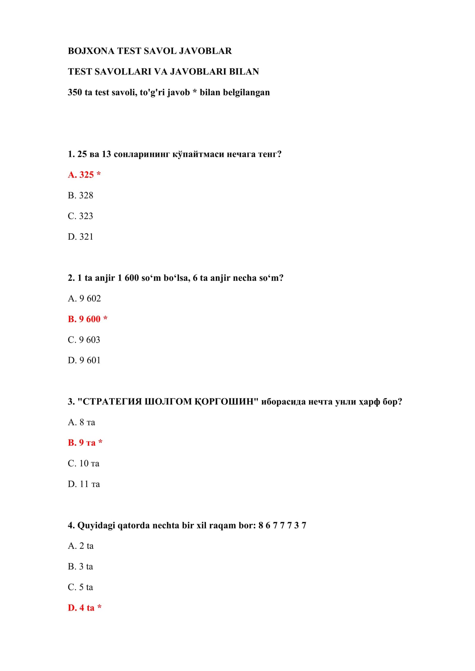 BOJXONA TEST SAVOL JAVOBLAR 2