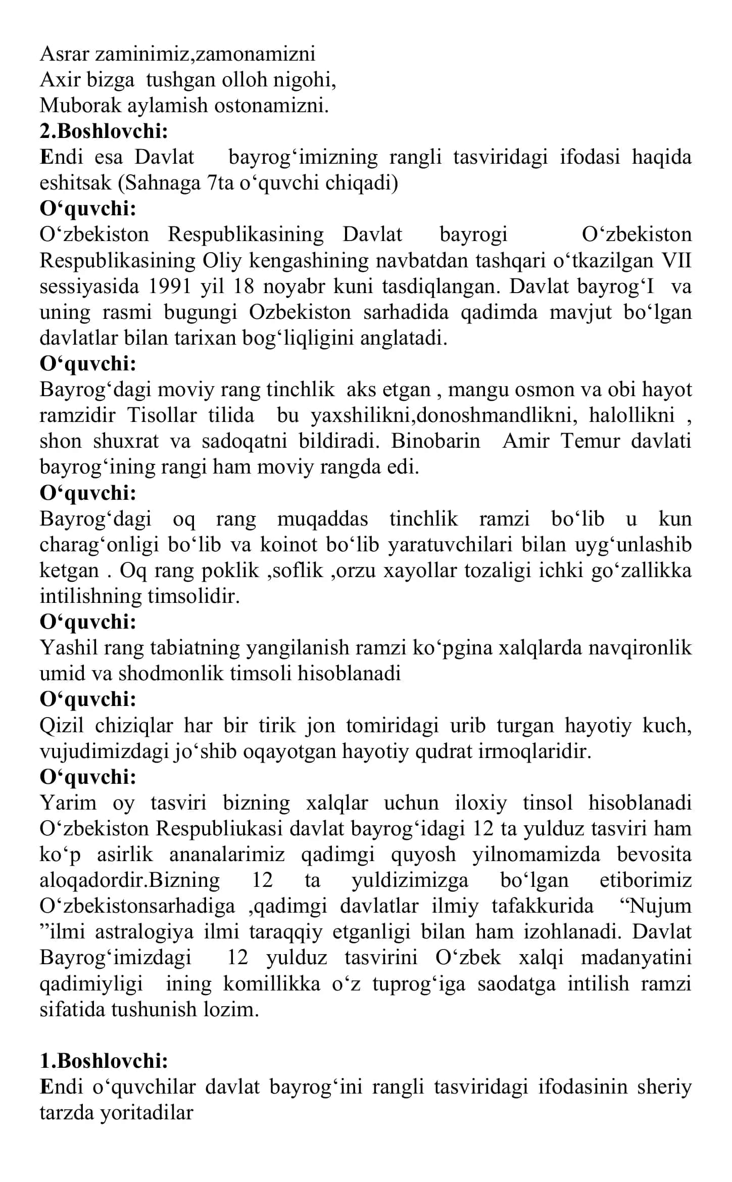 Bayrog‘im – g‘ururim iftixorim senariyasi 2