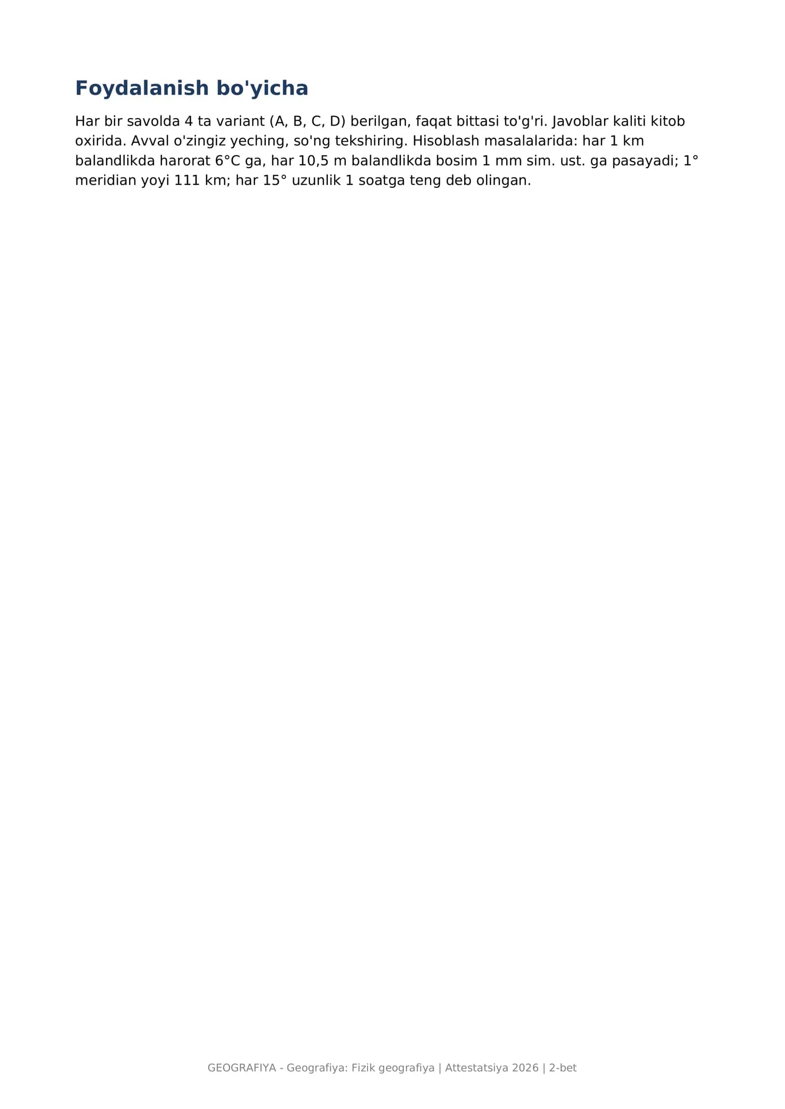 Geografiya: Fizik geografiya PDF tayyor: 400 ta test, javoblar kaliti bilan (Geografiya_Fizik_testla 2