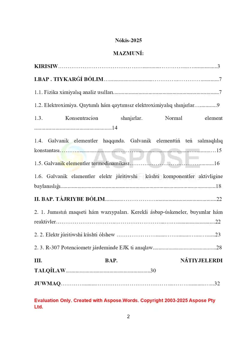 Galvanik elementler termodinamikası kurs jumısı 2