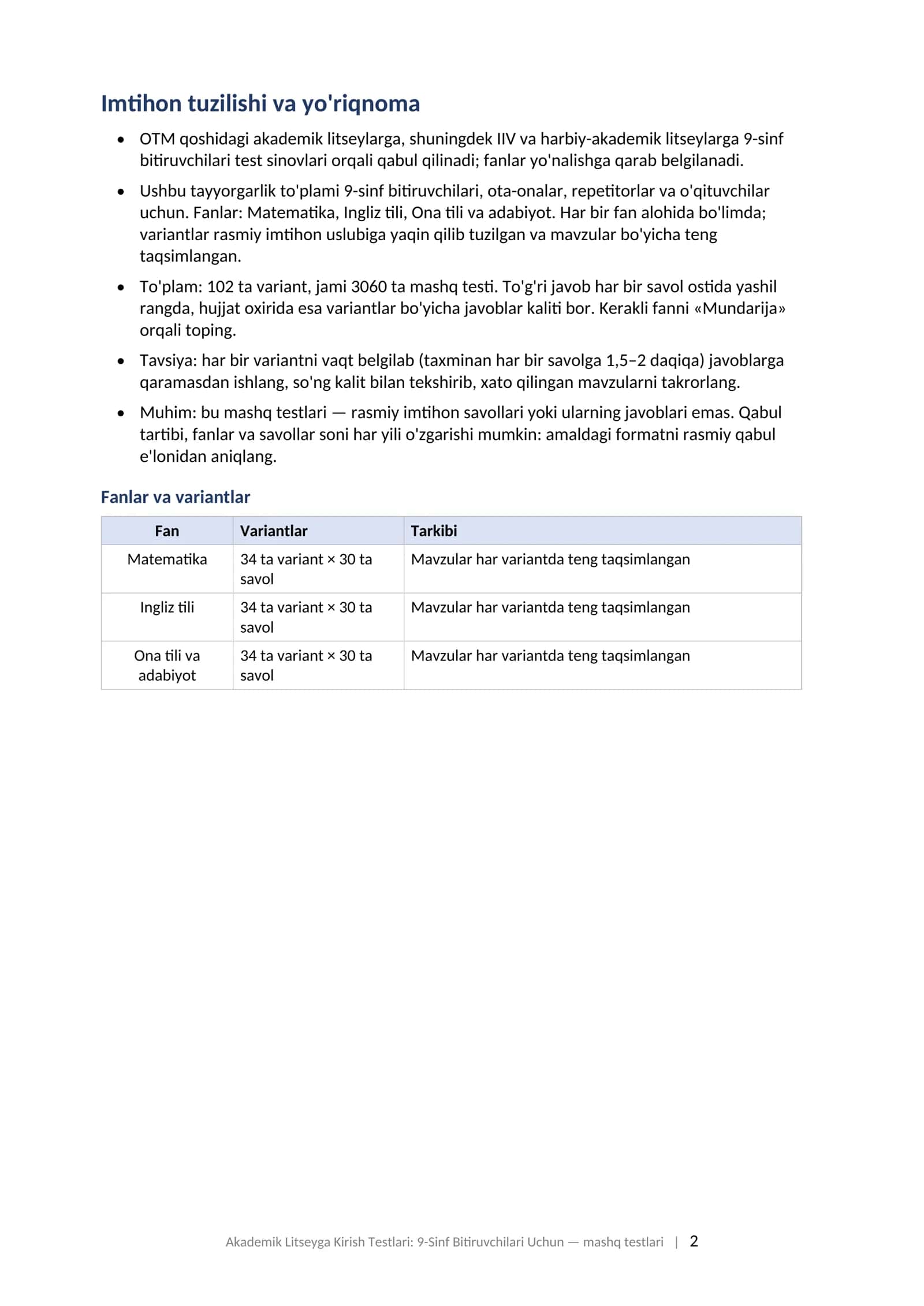 Akademik litsey test savollari 2026-2027 matematika ingliz tili ona tili javoblari bilan tayyorgarlik toplami mashq testlari. AKADEMIK LITSEYGA KIRISH TESTLARI: 9-SINF BITIRUVCHILARI UCHUN Tayyorgarlik to'plami: mashq testlari, javoblari bilan (matematika, ingliz tili, ona tili va adabiyot) 2