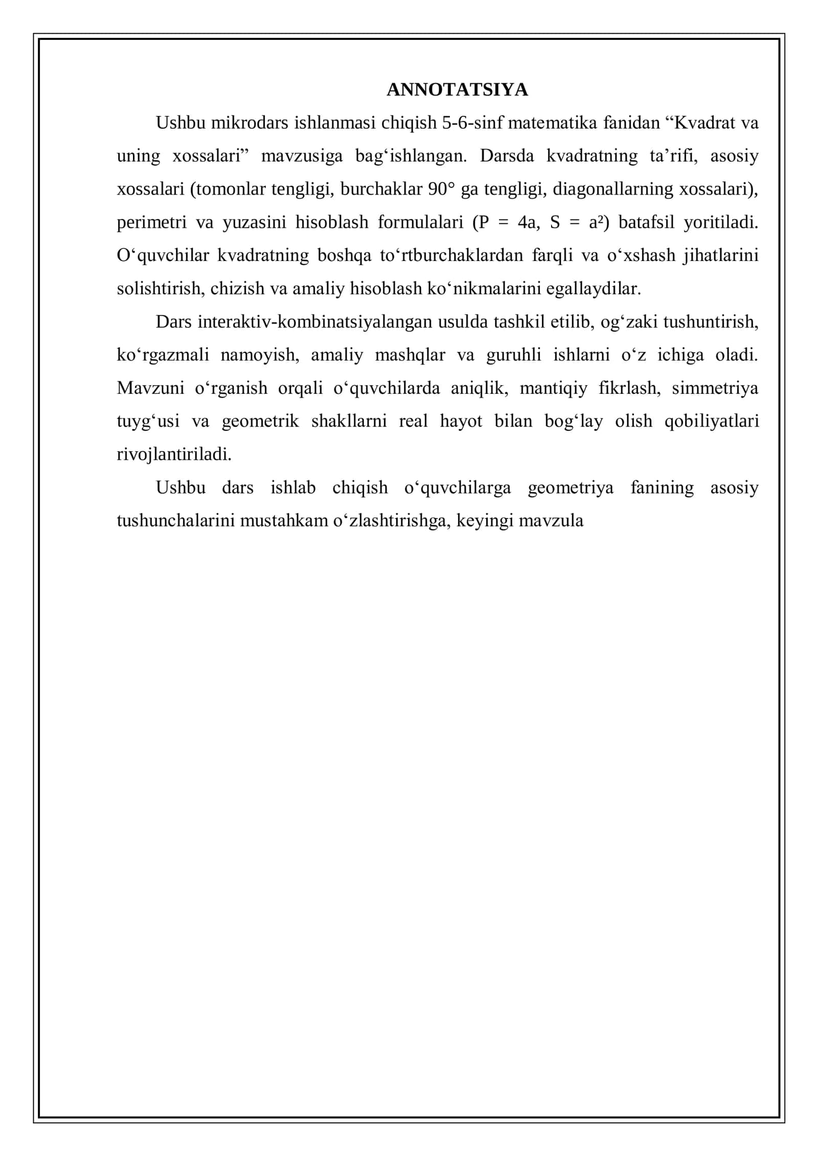 Kvadrat va uning xossalari dars ishlanma 2