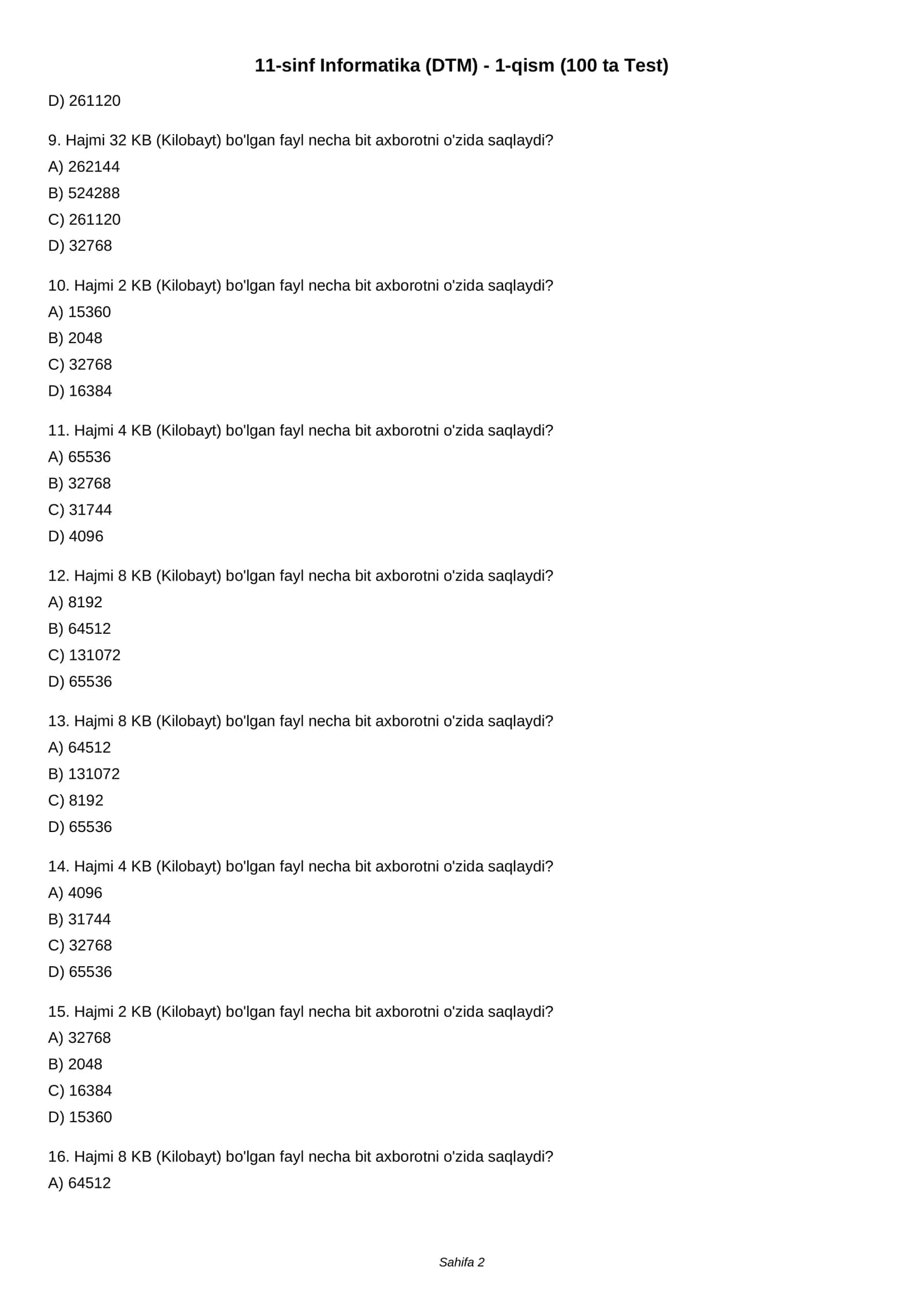 11-sinf Informatika (DTM) - 1-qism (100 ta Test) 2