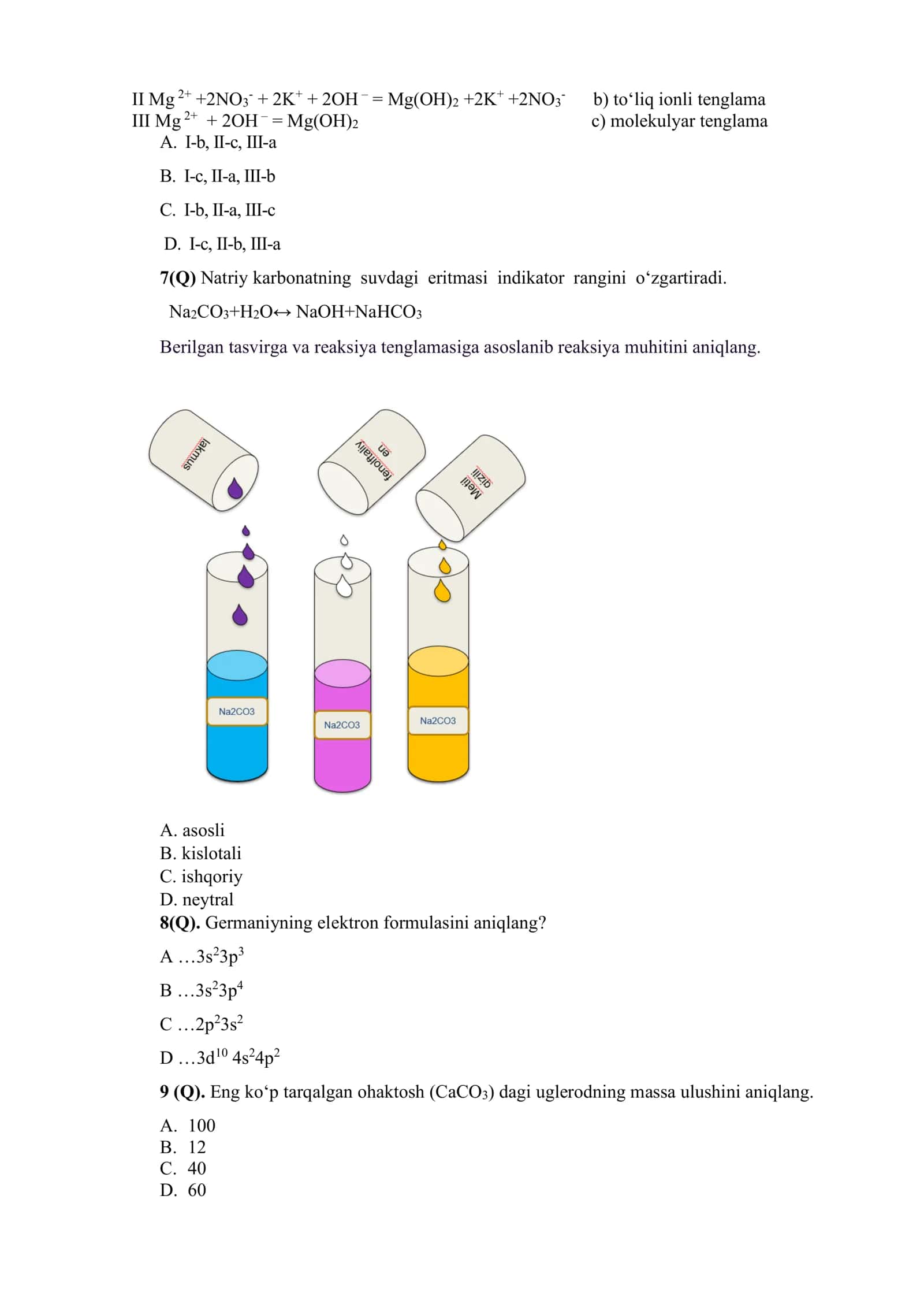 9-sinf Kimyo sinovlari (9th Grade Chemistry Tests) 2