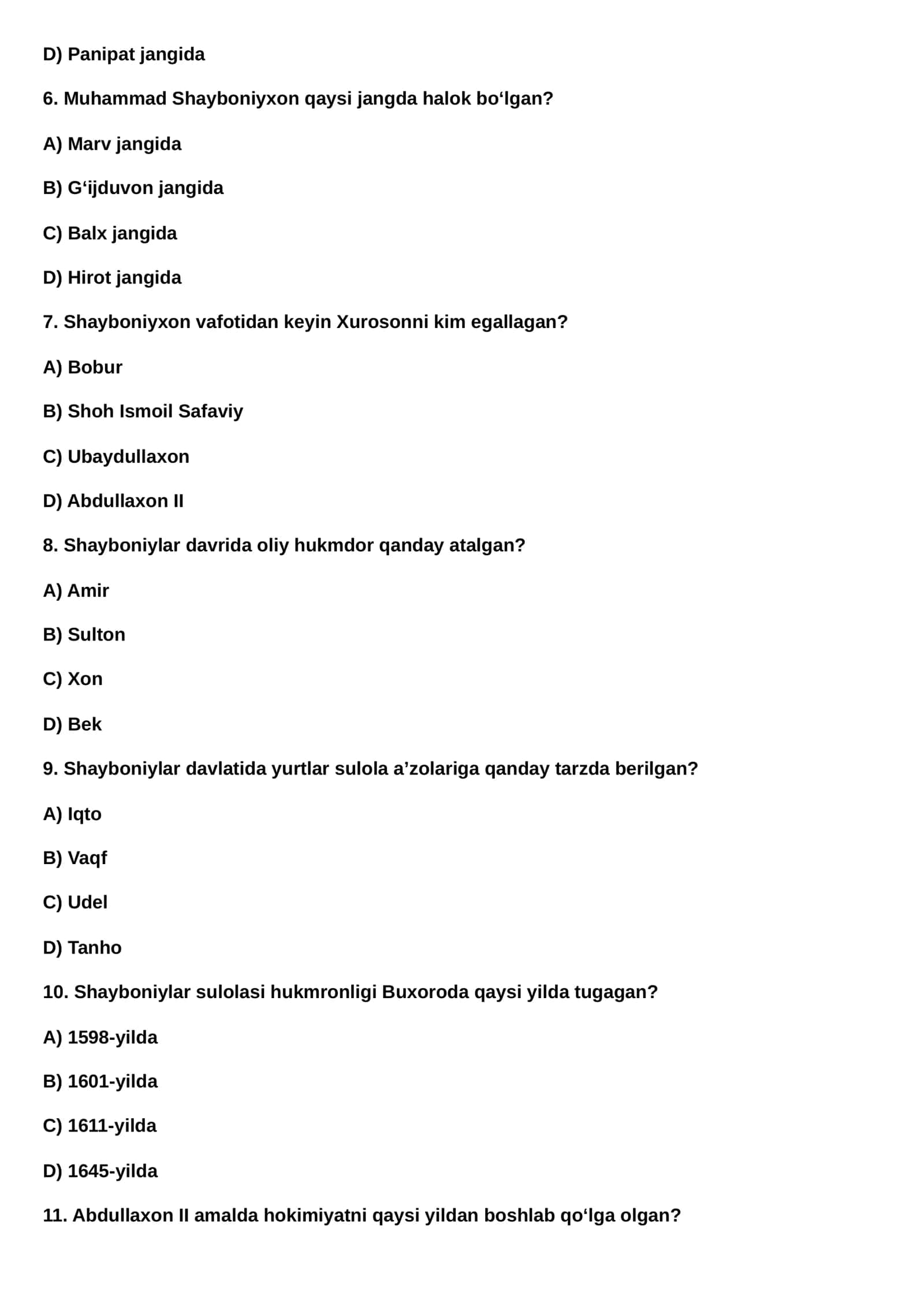 8 sinf O'zbekiston tarixi fanidan 100 ta test javoblari bilan 2