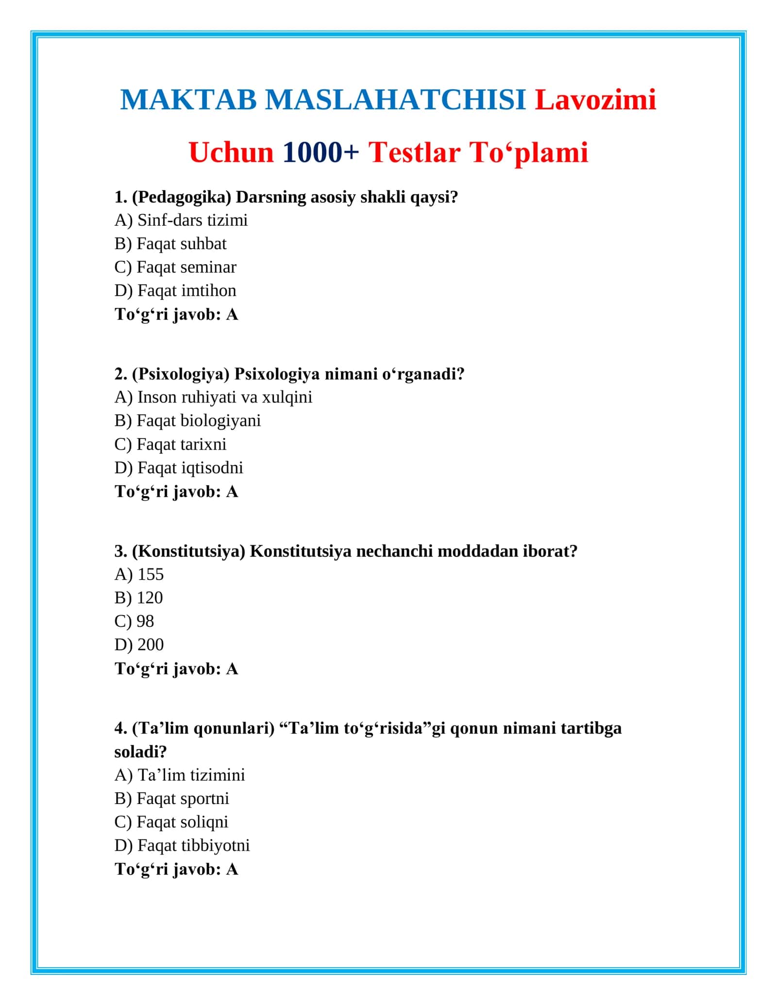 Maktab maslahatchisi lavozimi uchun 1000+ testlar to‘plami 2026 / Мактаб маслаҳатчиси лавозими учун 1000+ тестлар тўплами 2026 2