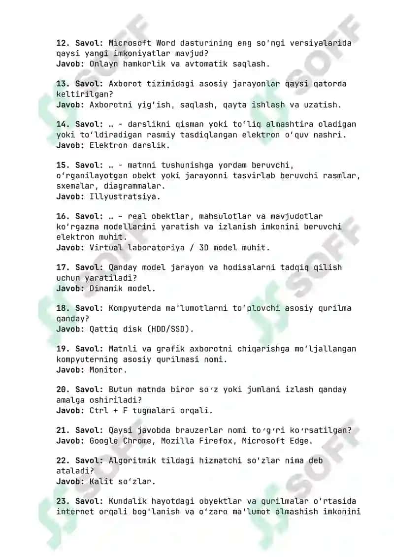 Argos Axborot-Kommunikatsiya Texnologiyalari Savol-Javoblar To'plami PDF - Mobil Aloqa va Dasturlar 2