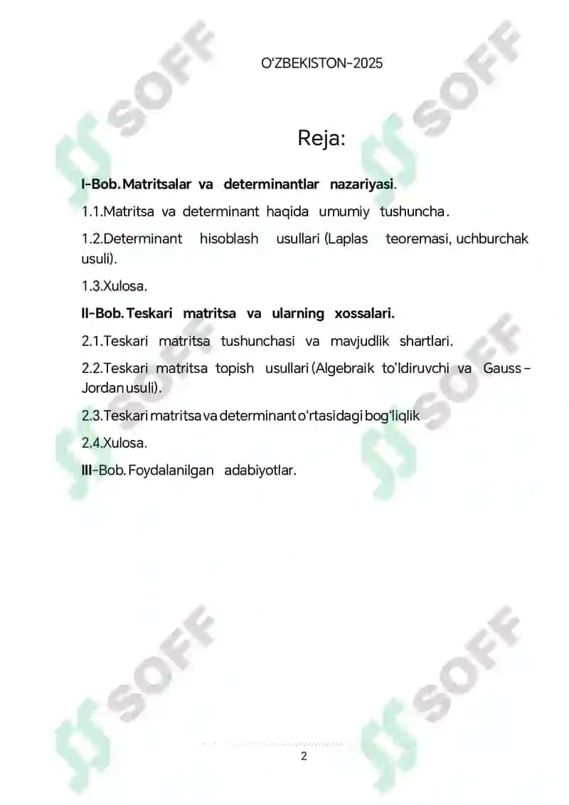 Teskari matritsa va determinanat mavzusida kurs ishi 2