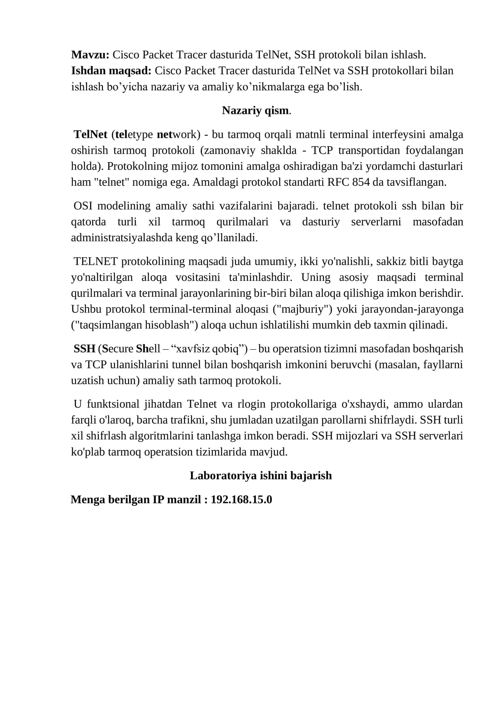 Cisco Packet Tracer dasturida TelNet, SSH protokoli bilan ishlash 2
