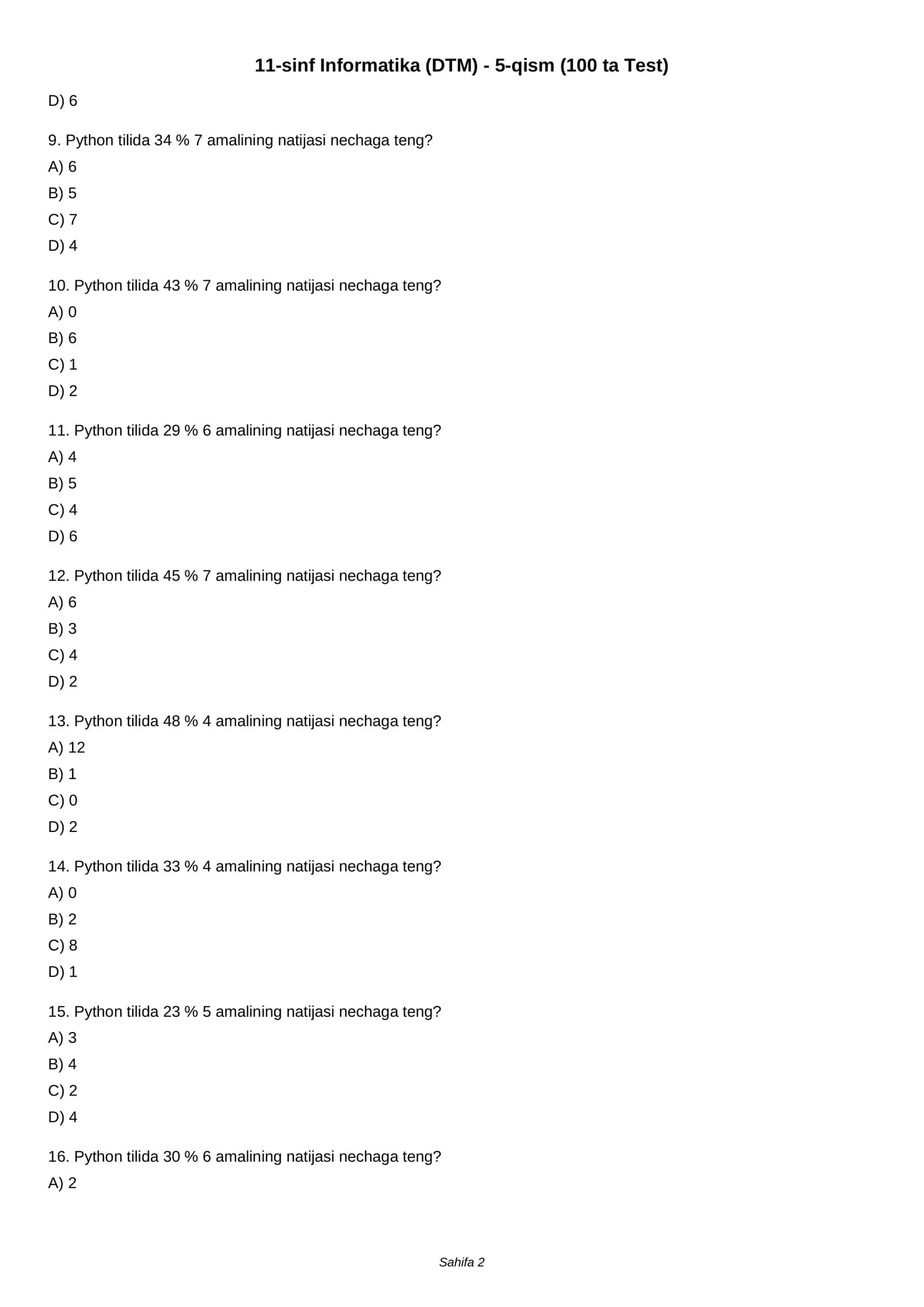 11-sinf Informatika (DTM) - 5-qism (100 ta Test) 2