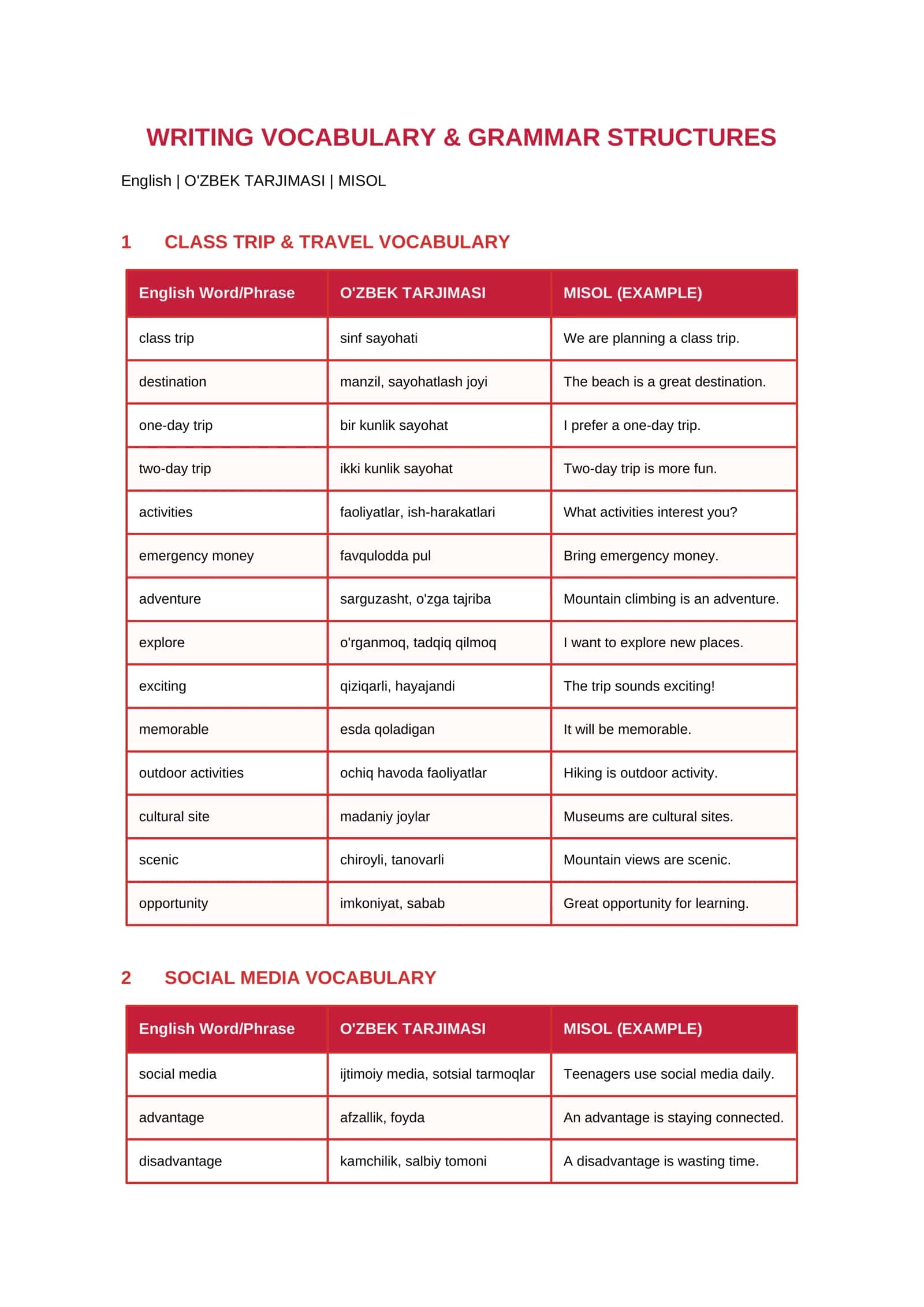 WRITING VOCABULARY & GRAMMAR STRUCTURES 2
