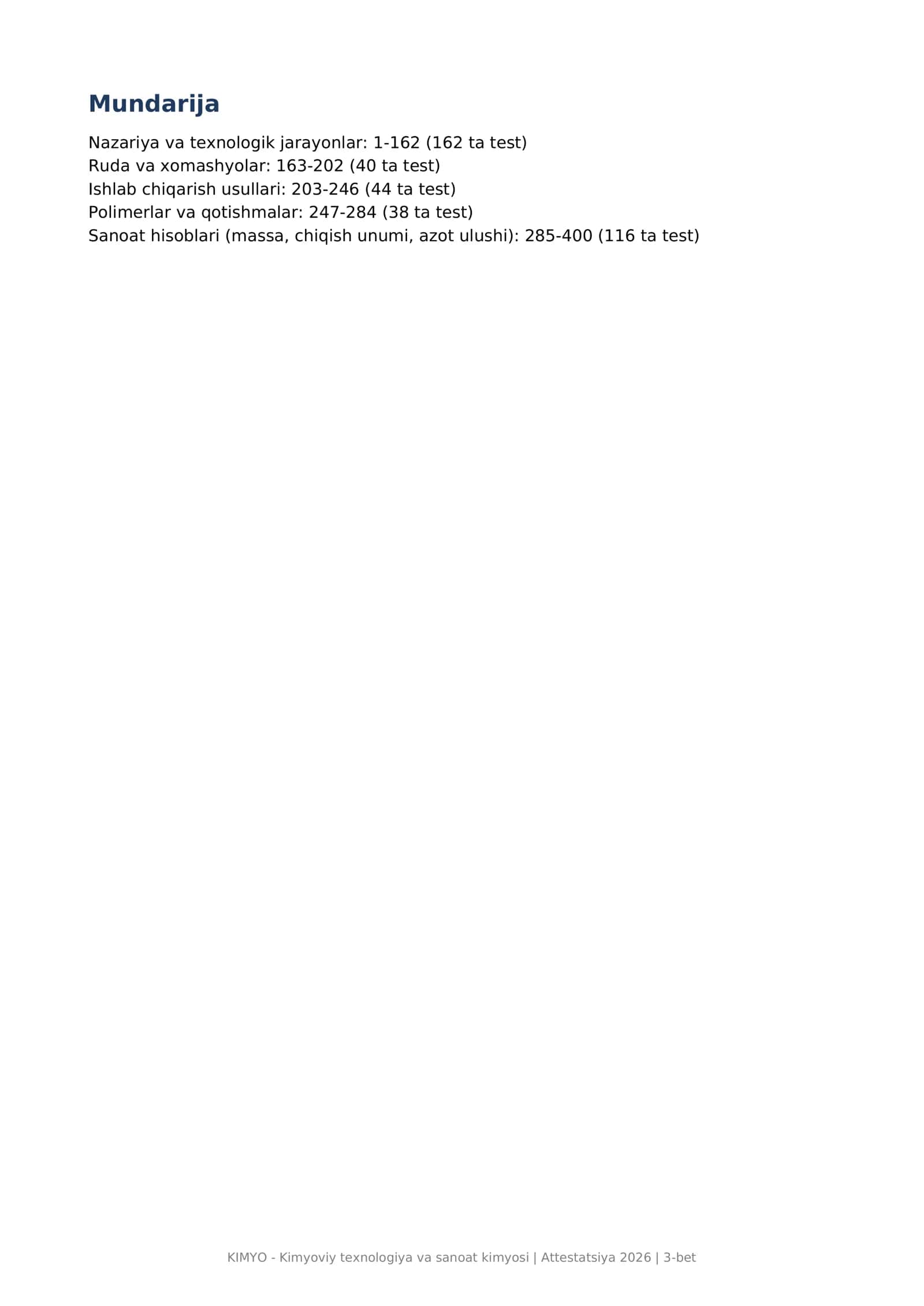 Kimyoviy texnologiya va sanoat kimyosi PDF tayyor: 400 ta test, javoblar kaliti bilan (Kimyoviy_texn 3