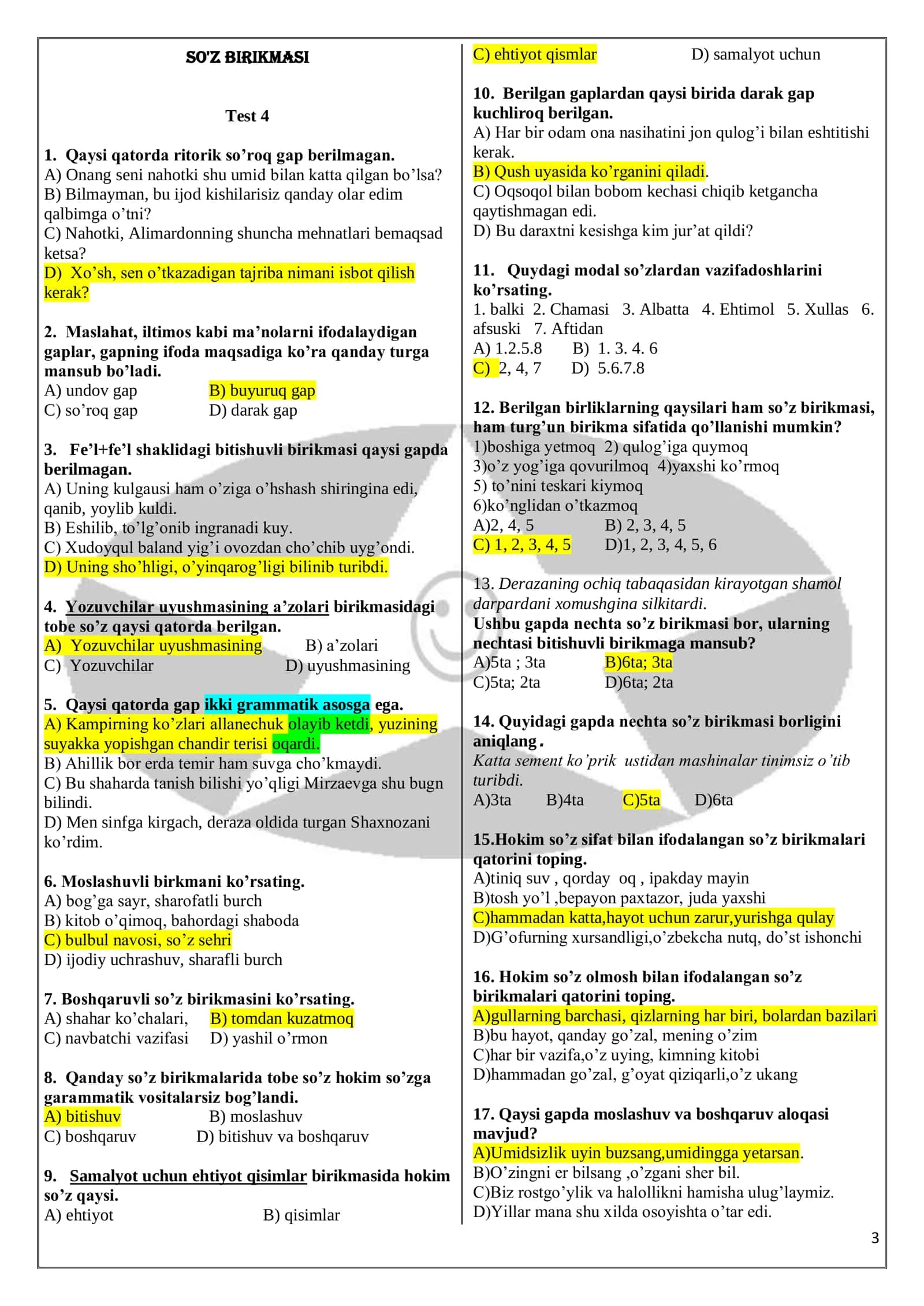 So’z birikmasi va gap bo'laklari test 3