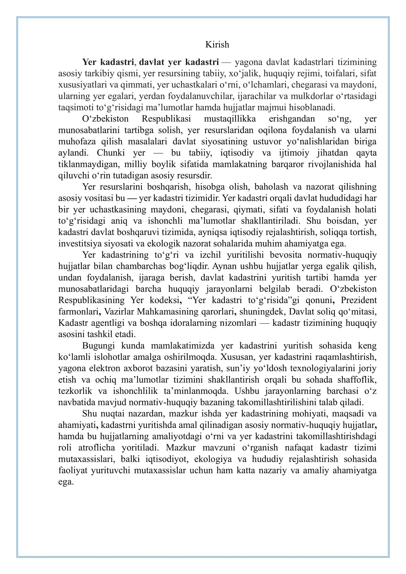 Yer kadastrini yaratish va yuritishda qo‘llaniladigan normativ-huquqiy hujjatlar bilan tanishish 3