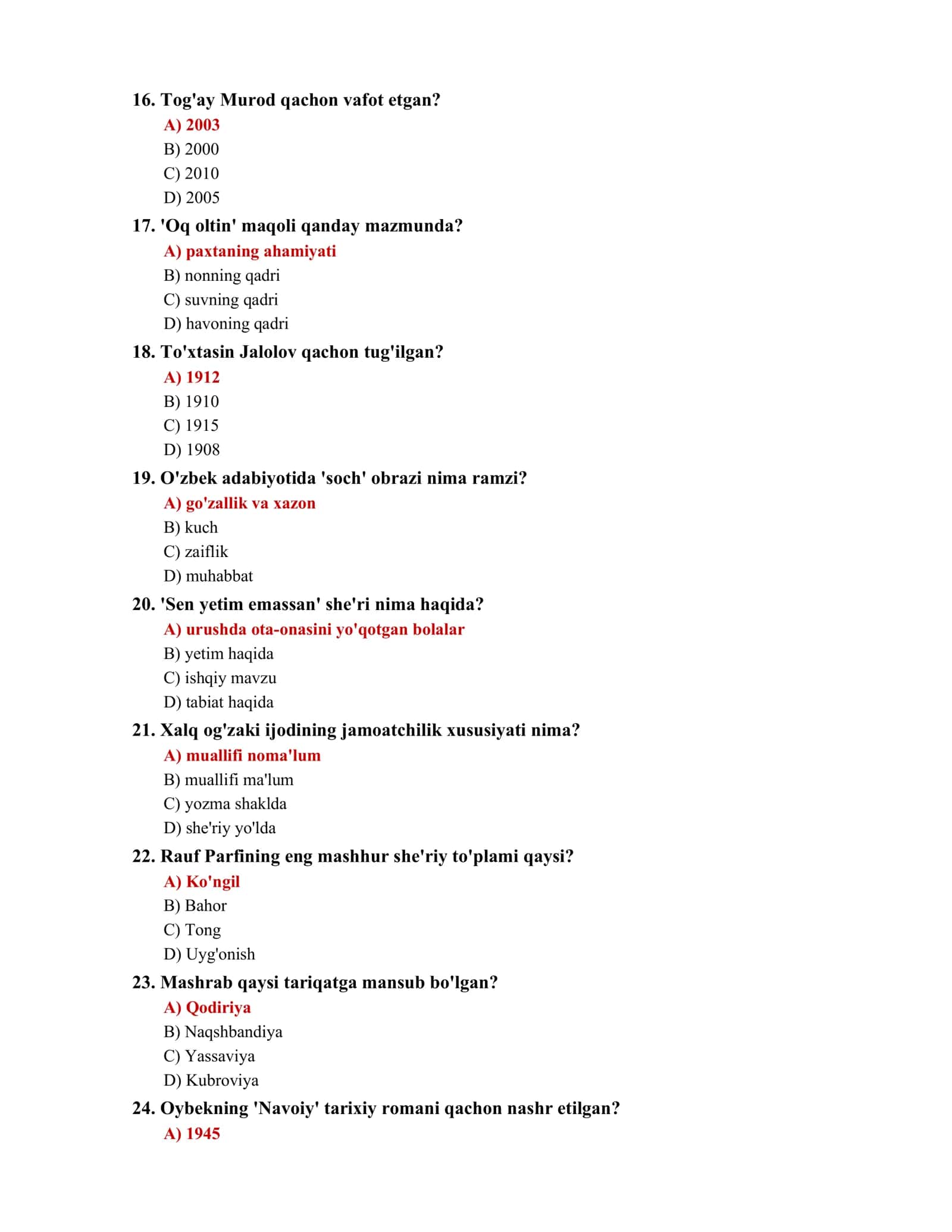 O'ZBEK ADABIYOTI FANIDAN TEST TO'PLAMI 3