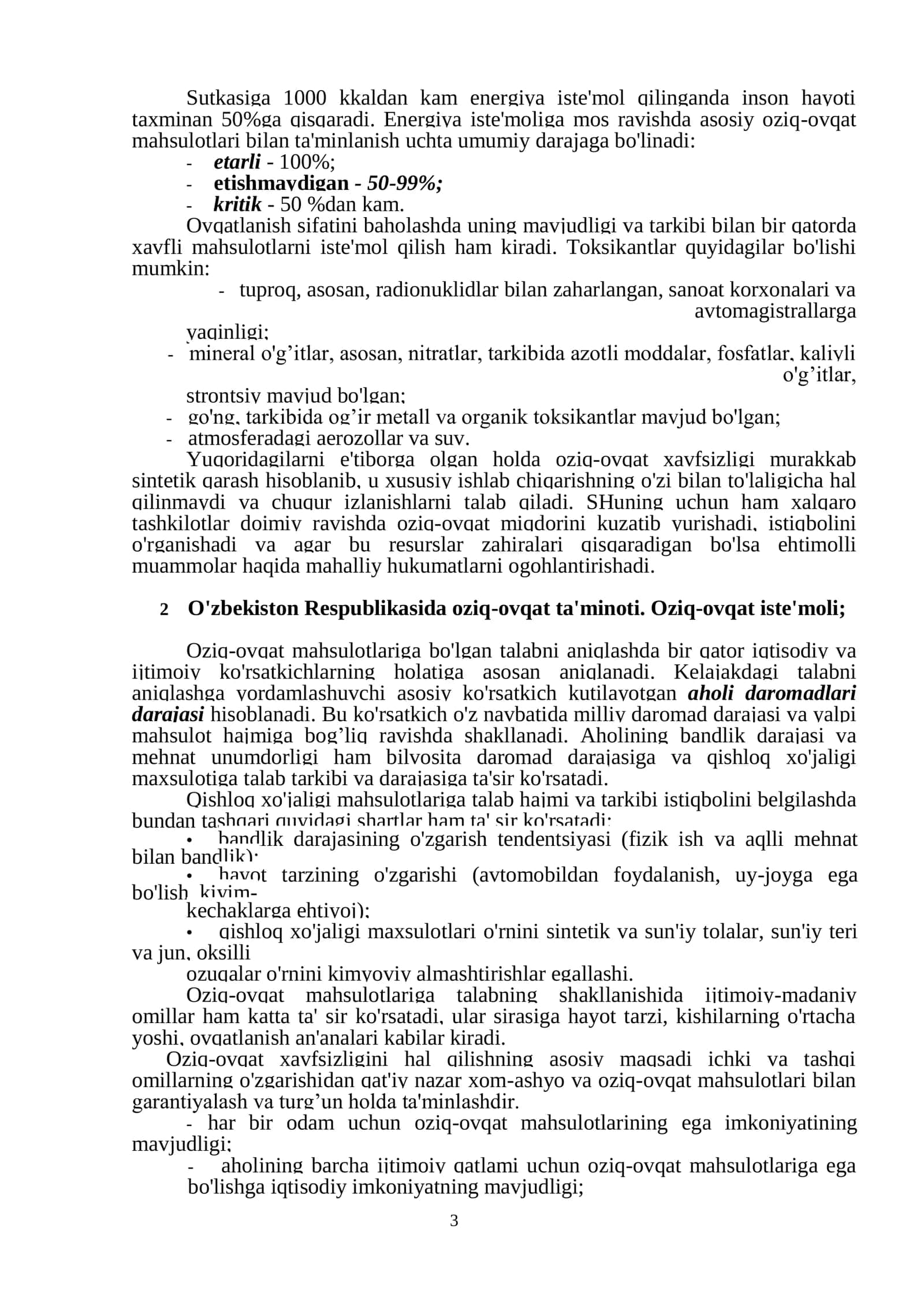 Oziq-ovqat xavfsizligi - milliy oziq-ovqat mahsulotlari bozorining strategiyasi. referat 3