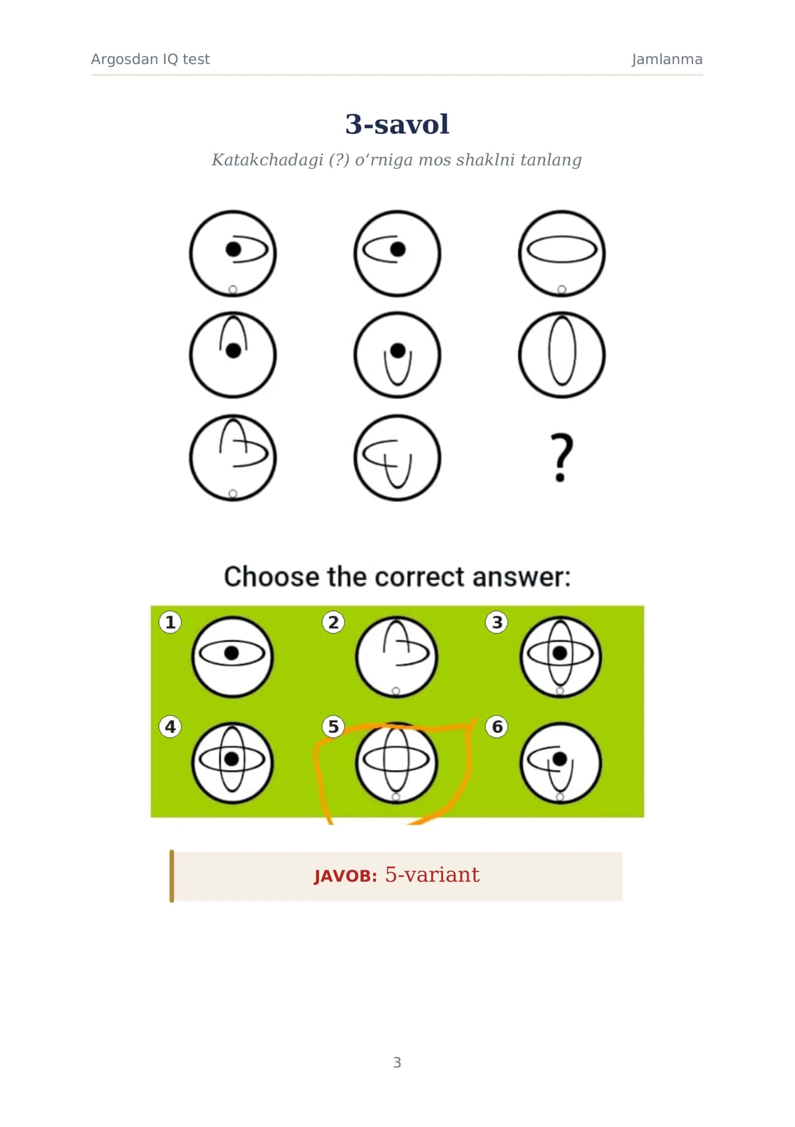 Argosdan IQ test SAVOLLARI VA JAVOBLARI 3