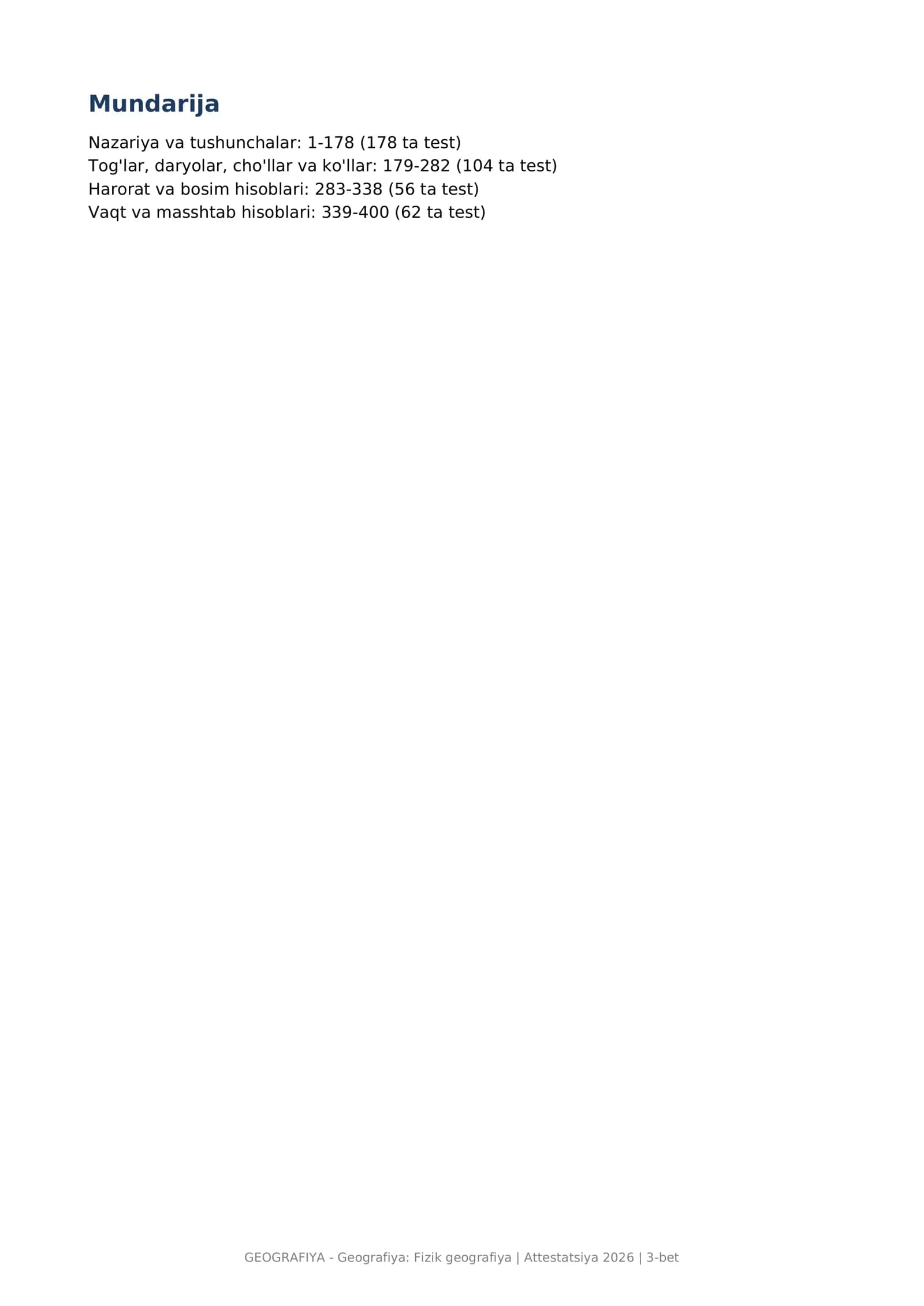 Geografiya: Fizik geografiya PDF tayyor: 400 ta test, javoblar kaliti bilan (Geografiya_Fizik_testla 3