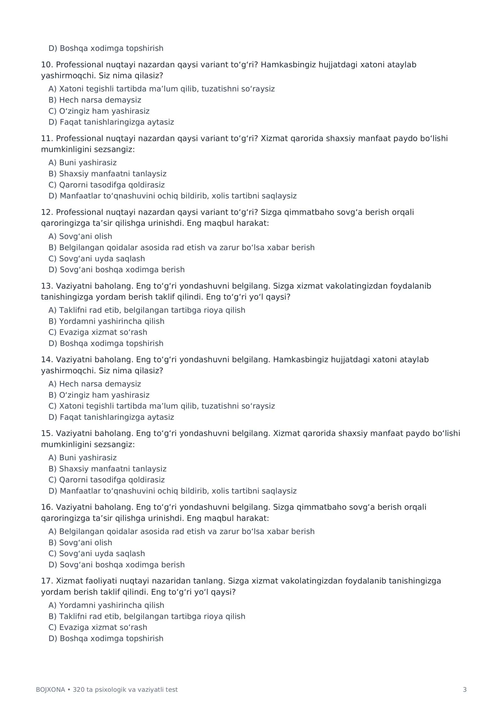 Bojxona Organlariga Ishga Kirish uchun 320 ta Psixologik Test | Javoblar Kaliti bilan PDF 3
