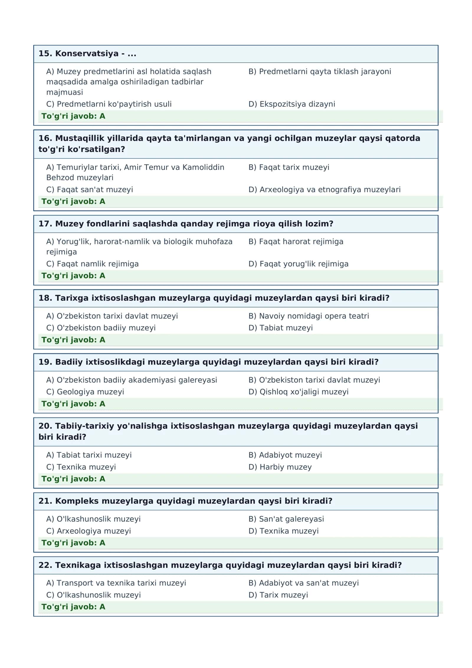 MUZEYSHUNOSLIK FANI TEST SAVOLLARI TO'PLAMI 3