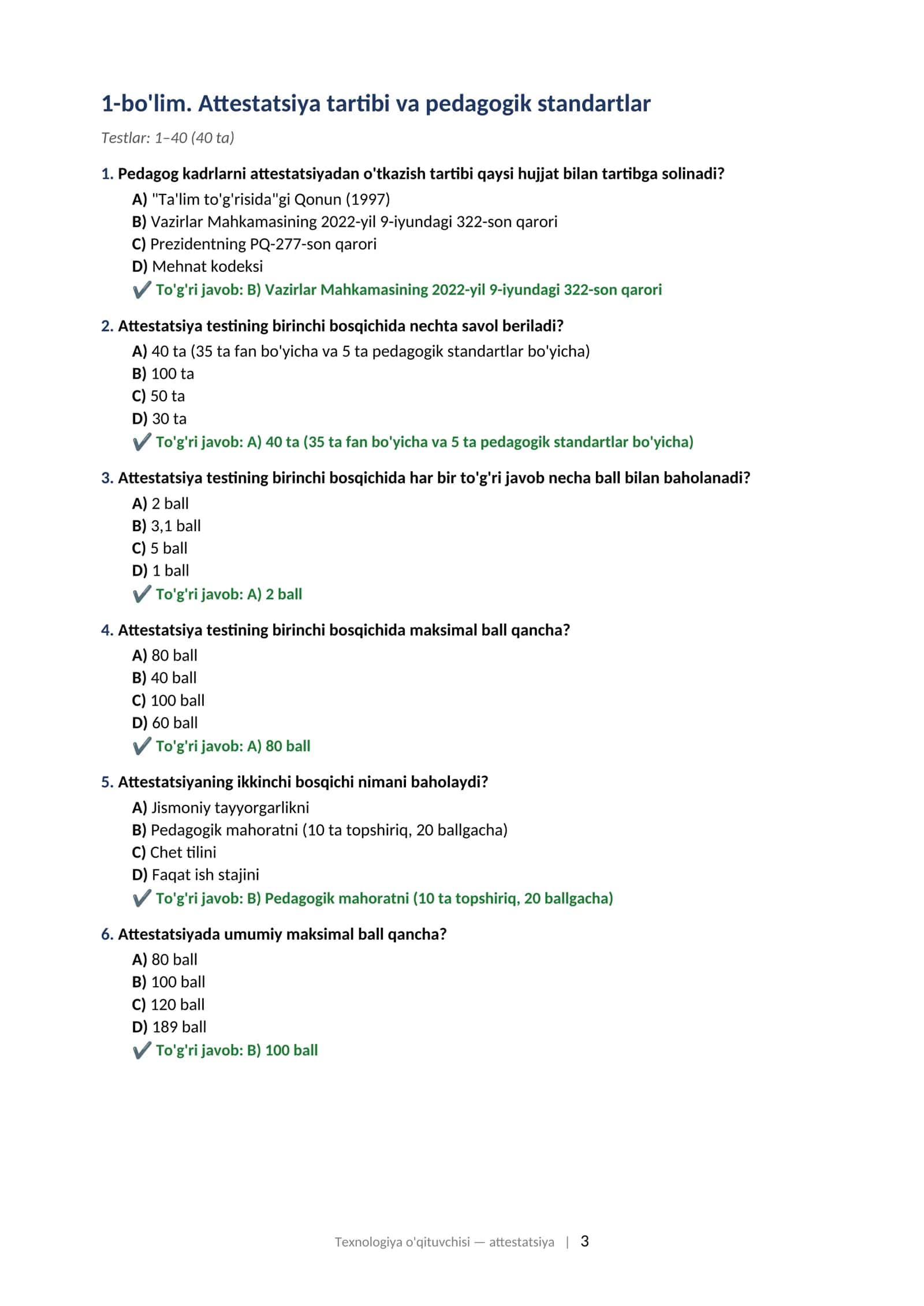 TEXNOLOGIYA O'QITUVCHISI attestatsiyasi uchun test savollari to'plami (2025–2026) 501 ta test 3