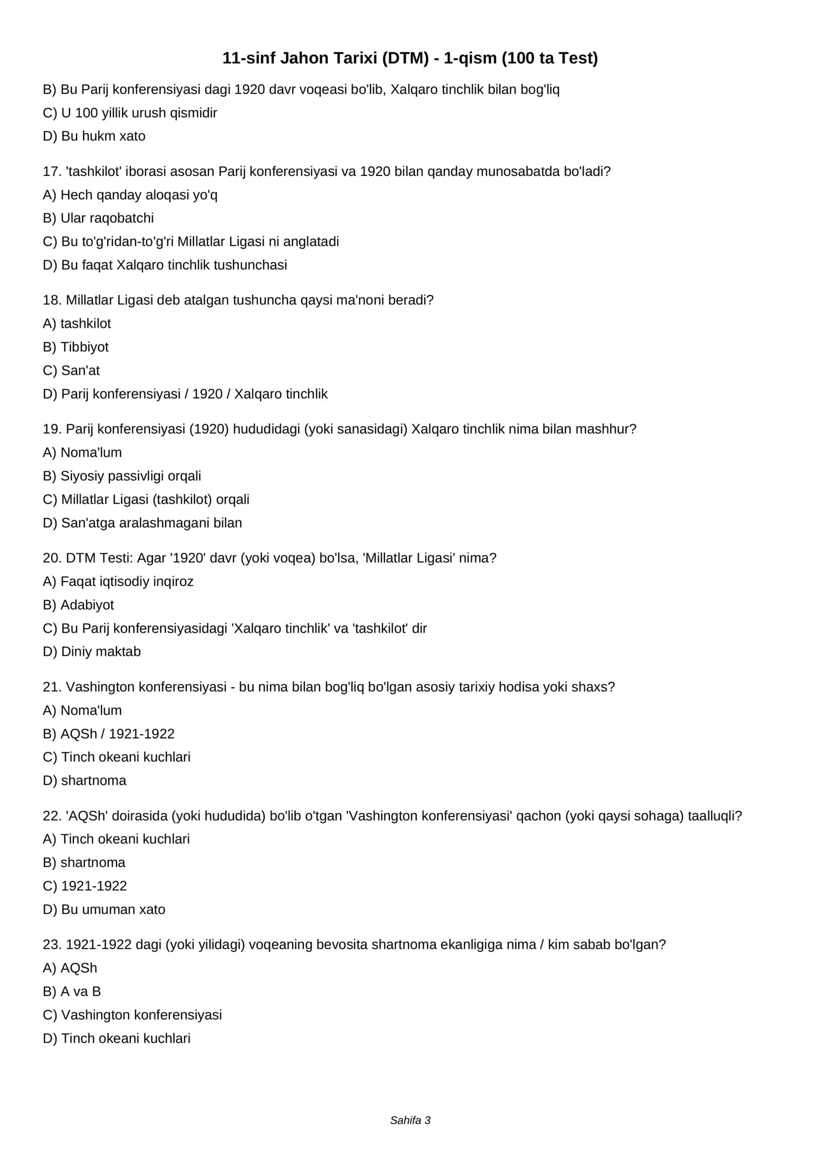 11-sinf Jahon Tarixi (DTM) - 1-qism (100 ta Test) 3
