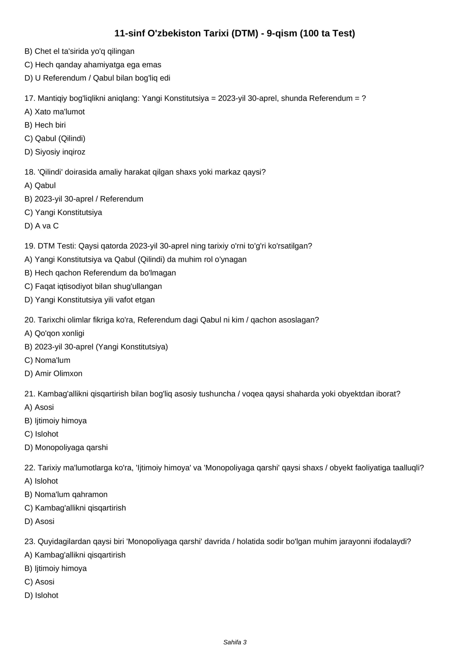 11-sinf O'zbekiston Tarixi (DTM) - 9-qism (100 ta Test) 3