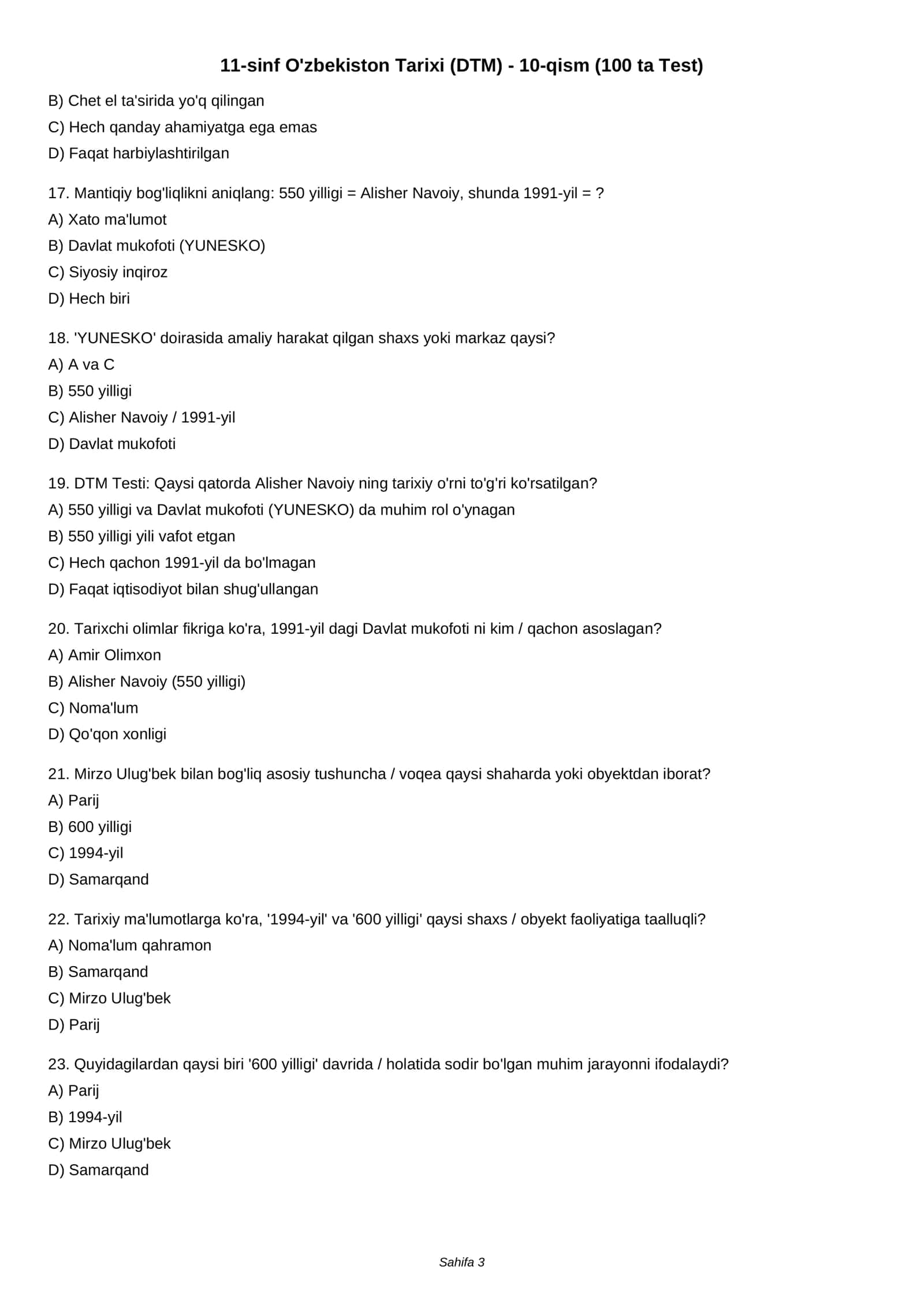 11-sinf O'zbekiston Tarixi (DTM) - 10-qism (100 ta Test) 3