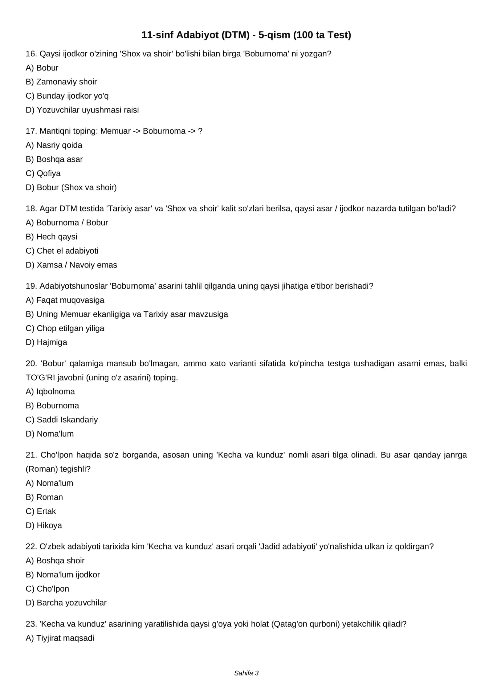 11-sinf Adabiyot (DTM) - 5-qism (100 ta Test) 3