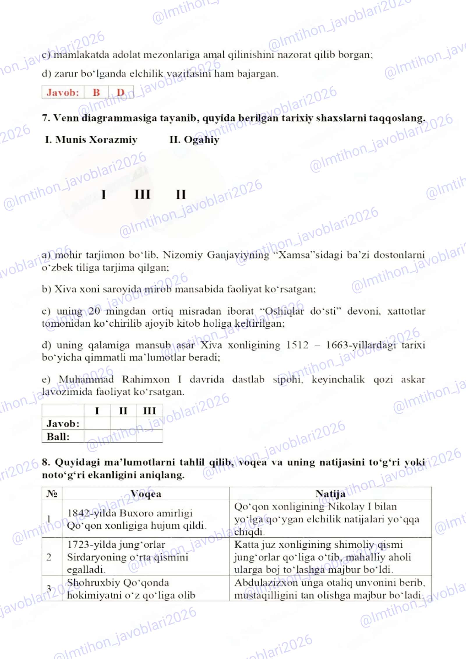 11-sinf Oʻzbekiston tarixi 1-variant Imtihon javoblari2026 3