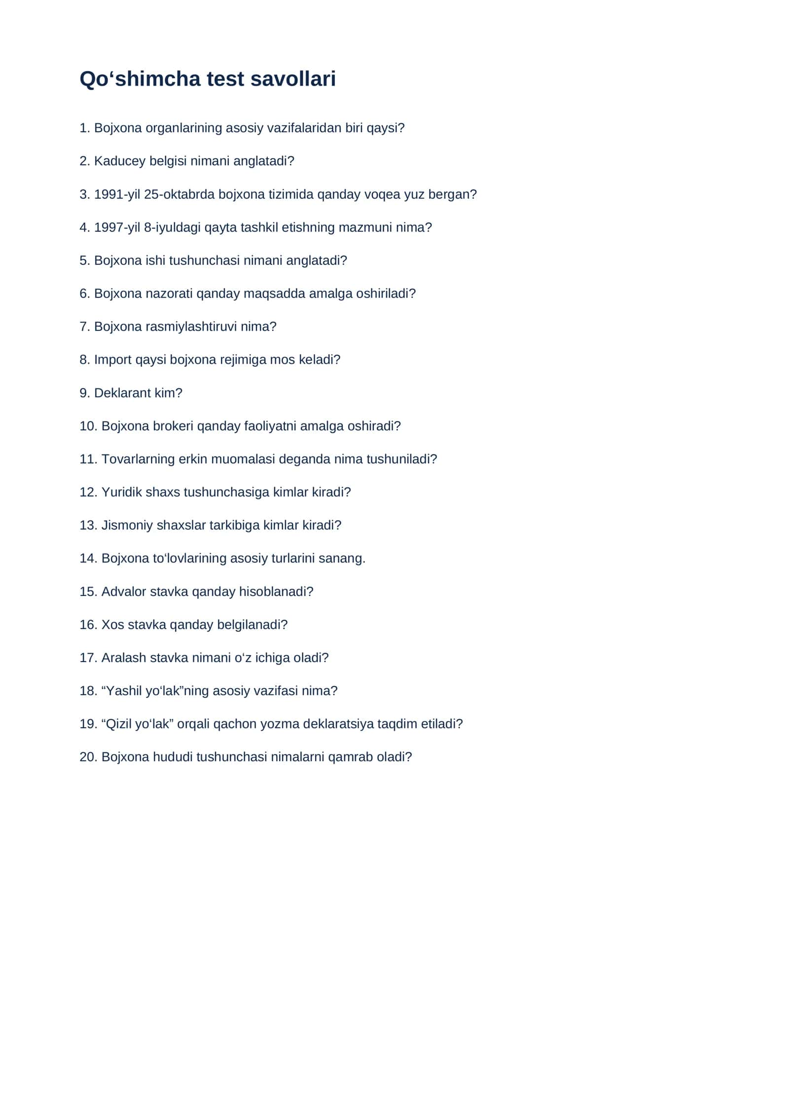 Bojxona qo'mitasiga ishga kirish uchun savol javoblar toplami 3