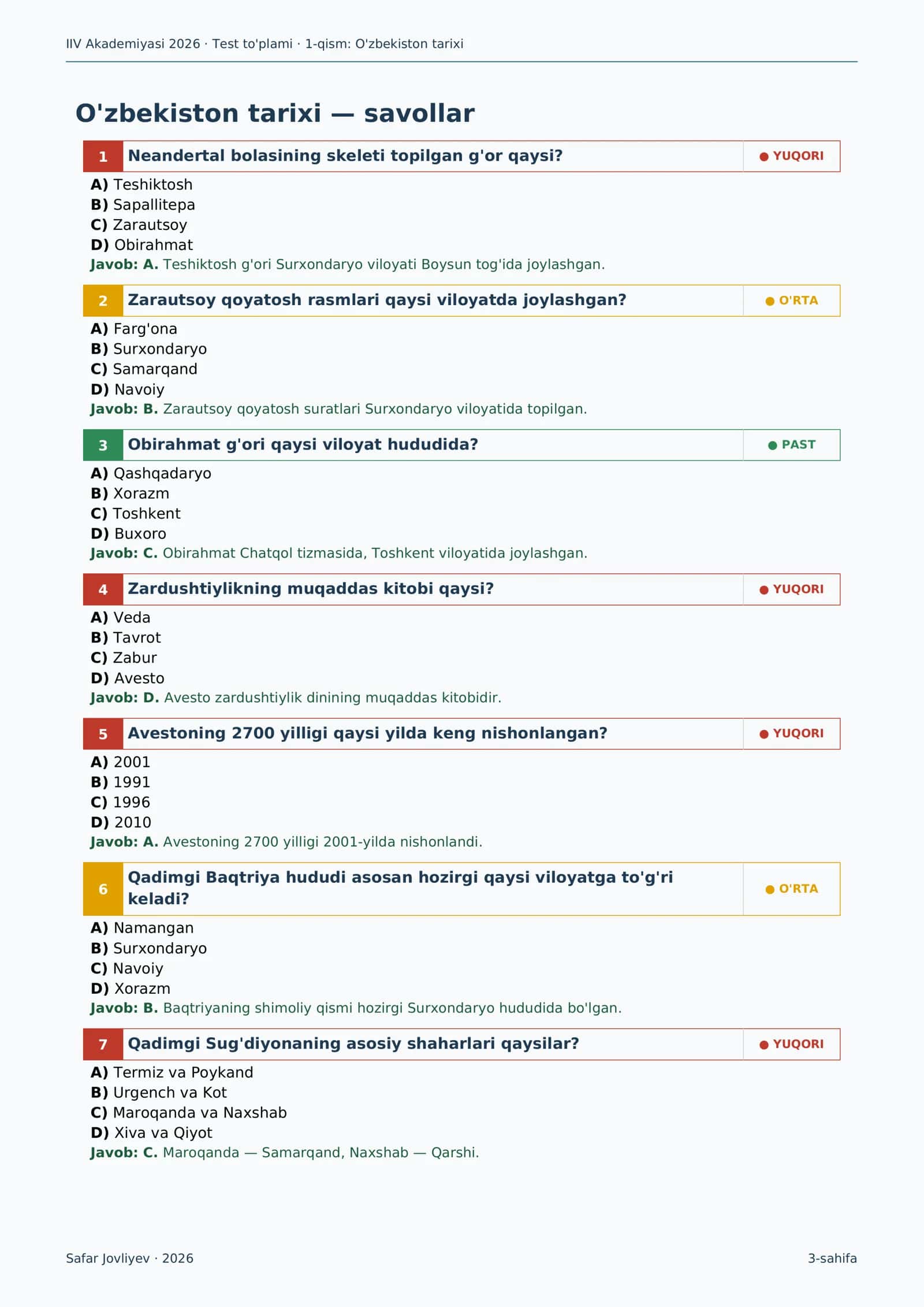 O'zbekiston tarixi Test to'plami 3