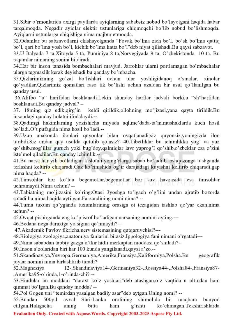 Zakovat Savollari jamlanmasi tadbirlar uchun 3