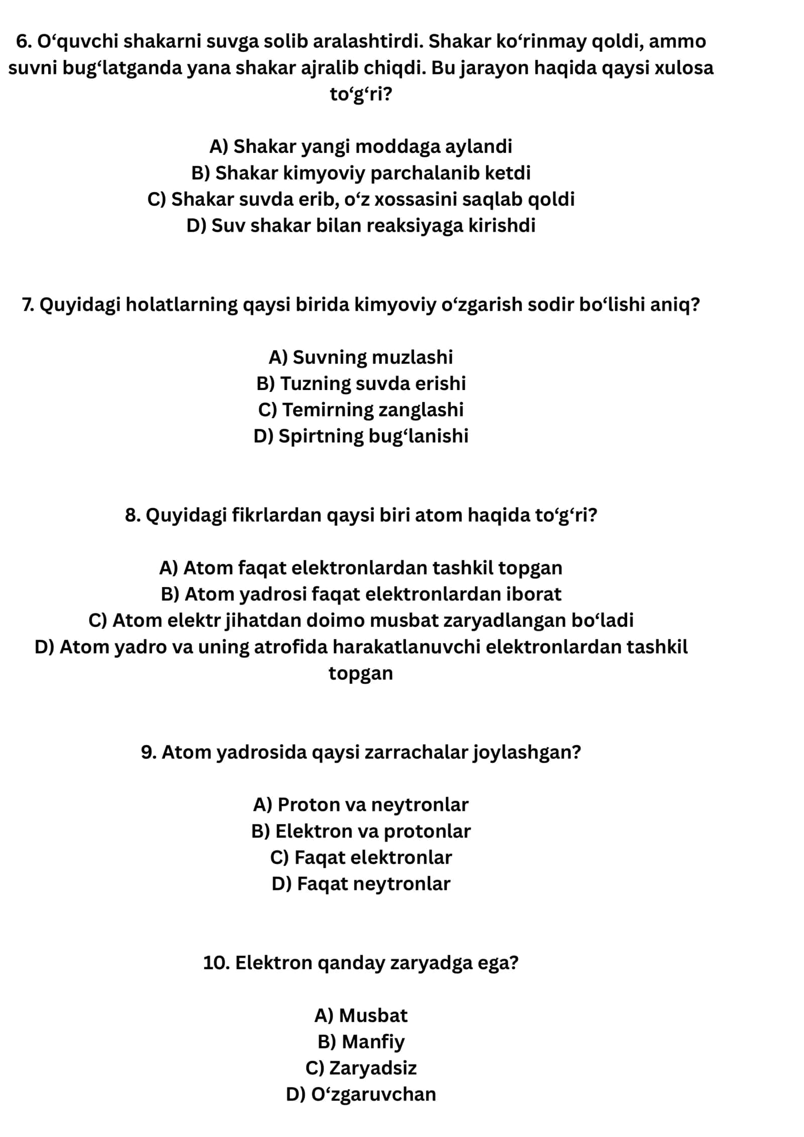 7-sinf kimyo - testlar 3