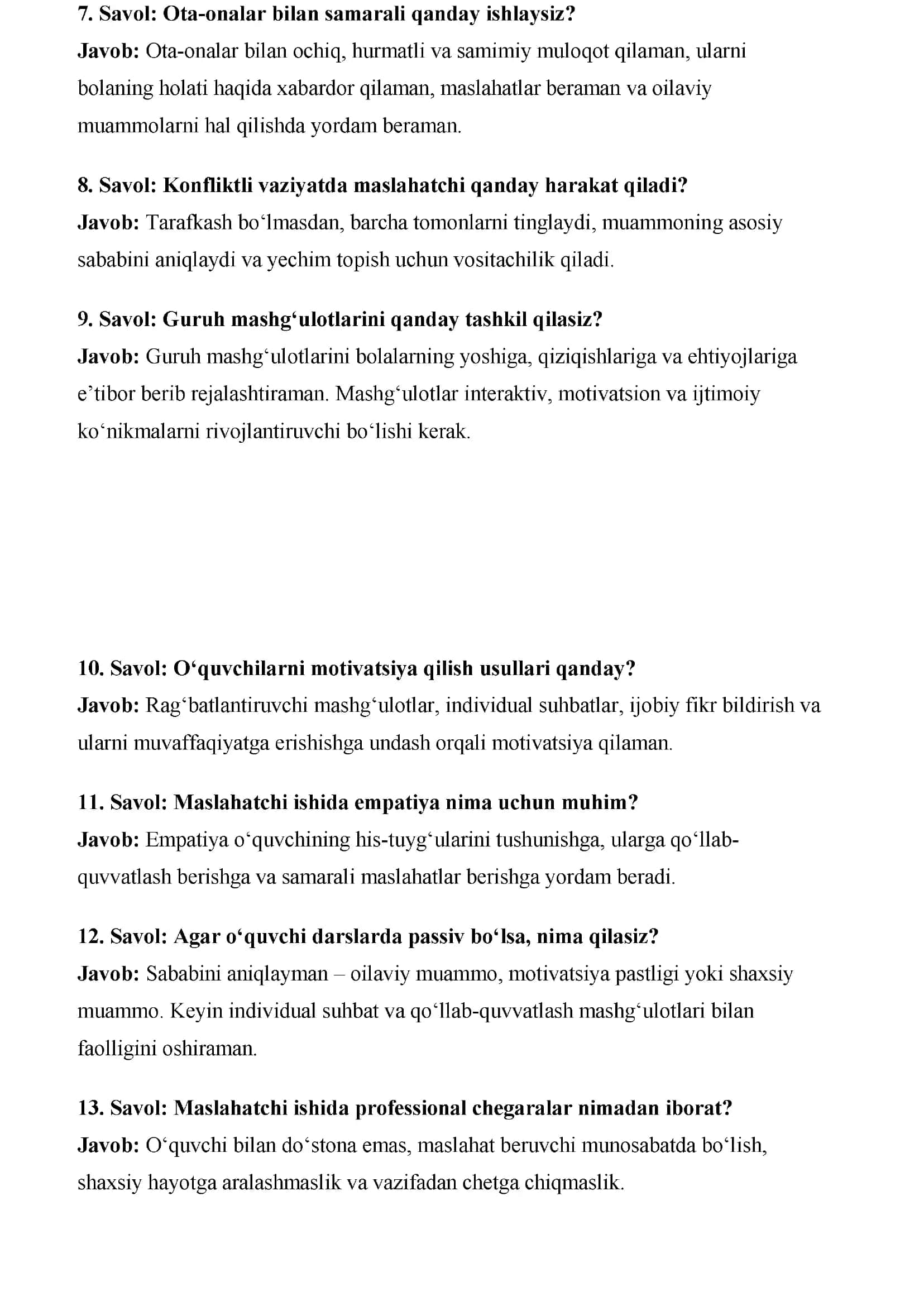 Maktab maslahatchilari uchun suhbat savol javoblari to'plami 3