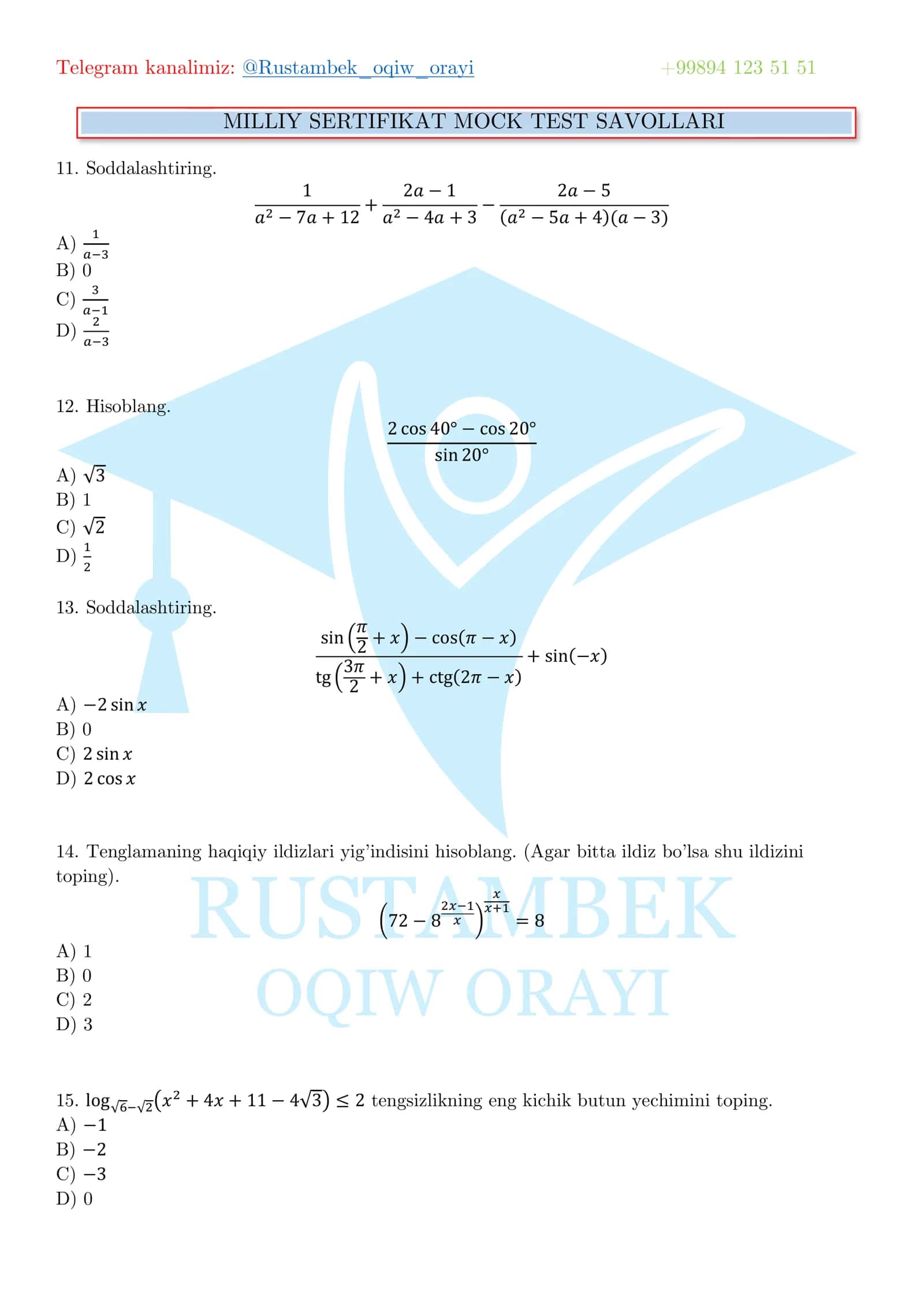 MILLIY SERTIFIKAT MOCK TEST SAVOLLARI 3