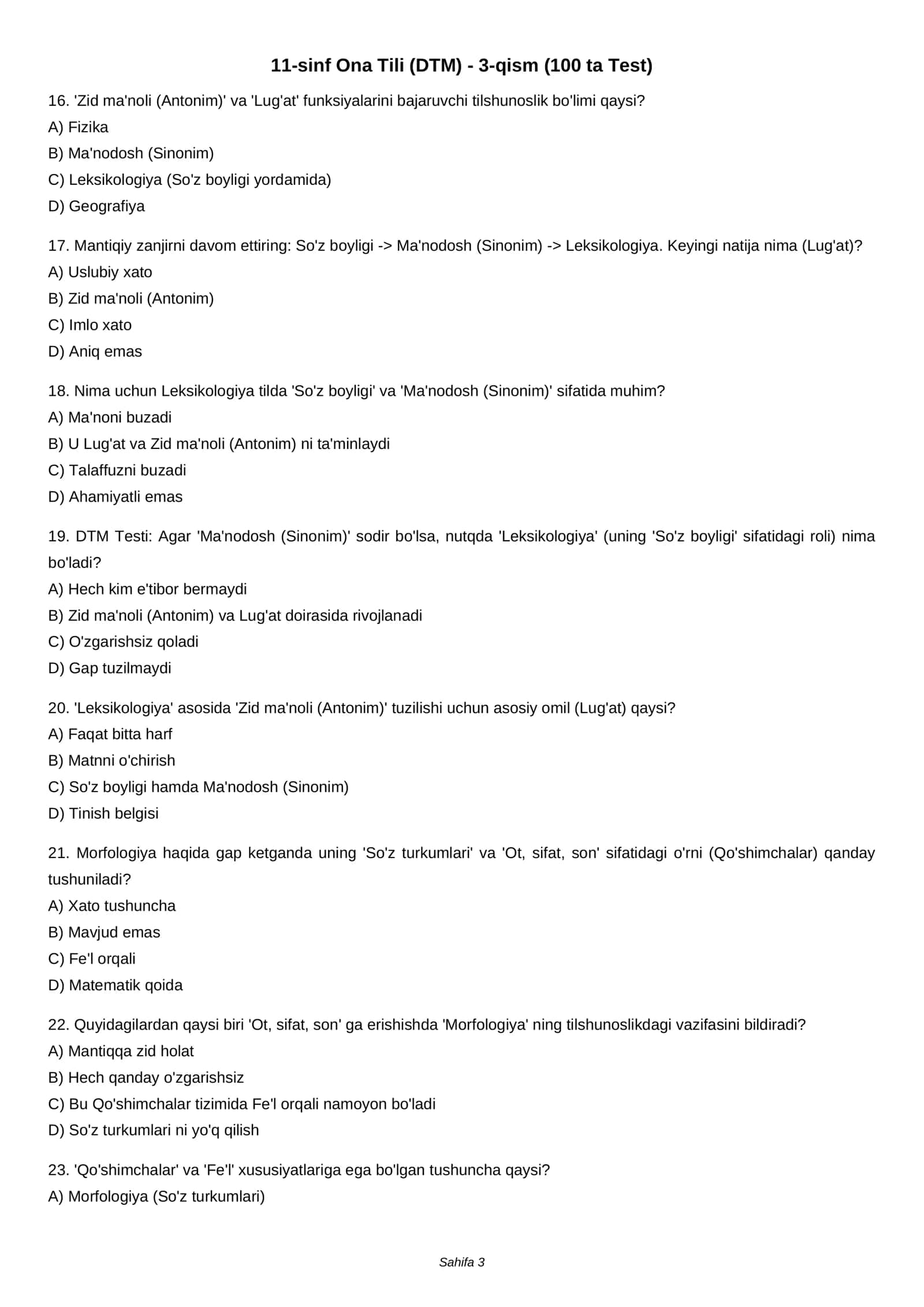 11-sinf Ona Tili (DTM) - 3-qism (100 ta Test) 3