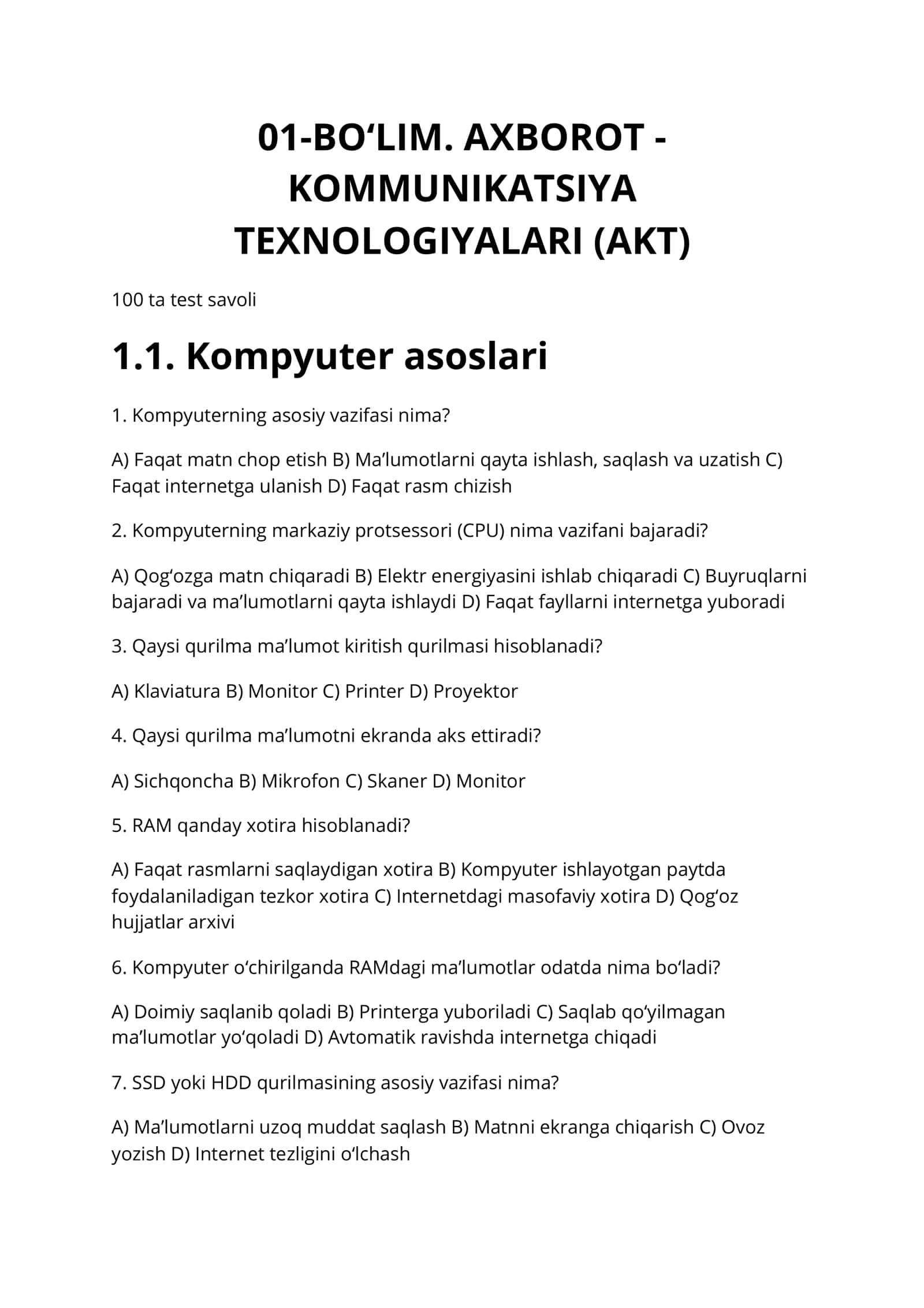 ARGOS 200 ta test va javoblari | AKT va Davlat tili 3