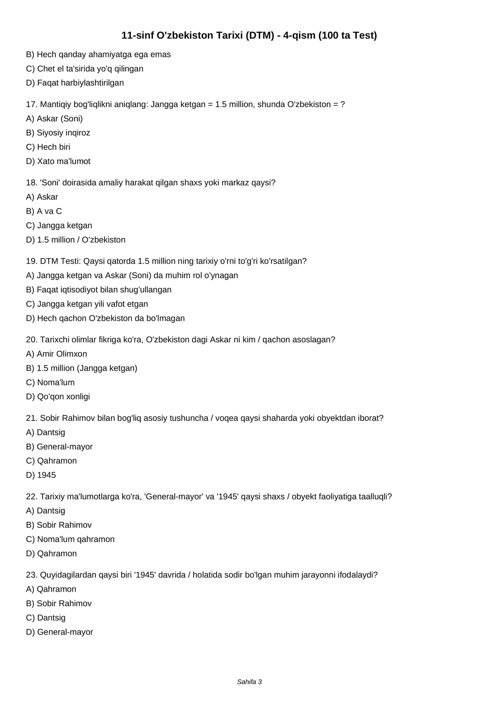 11-sinf O'zbekiston Tarixi (DTM) - 4-qism (100 ta Test) 3