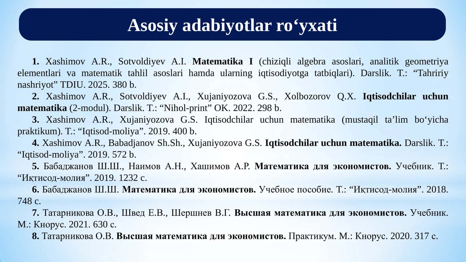 Amaliy matematika 2: Aniq integralning tadbiqlari 3