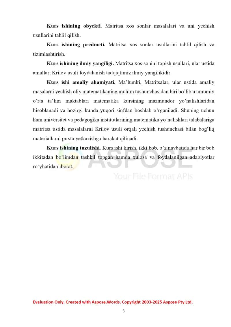 Matritsa xos sonni topish usullari. Krilov usuli 3