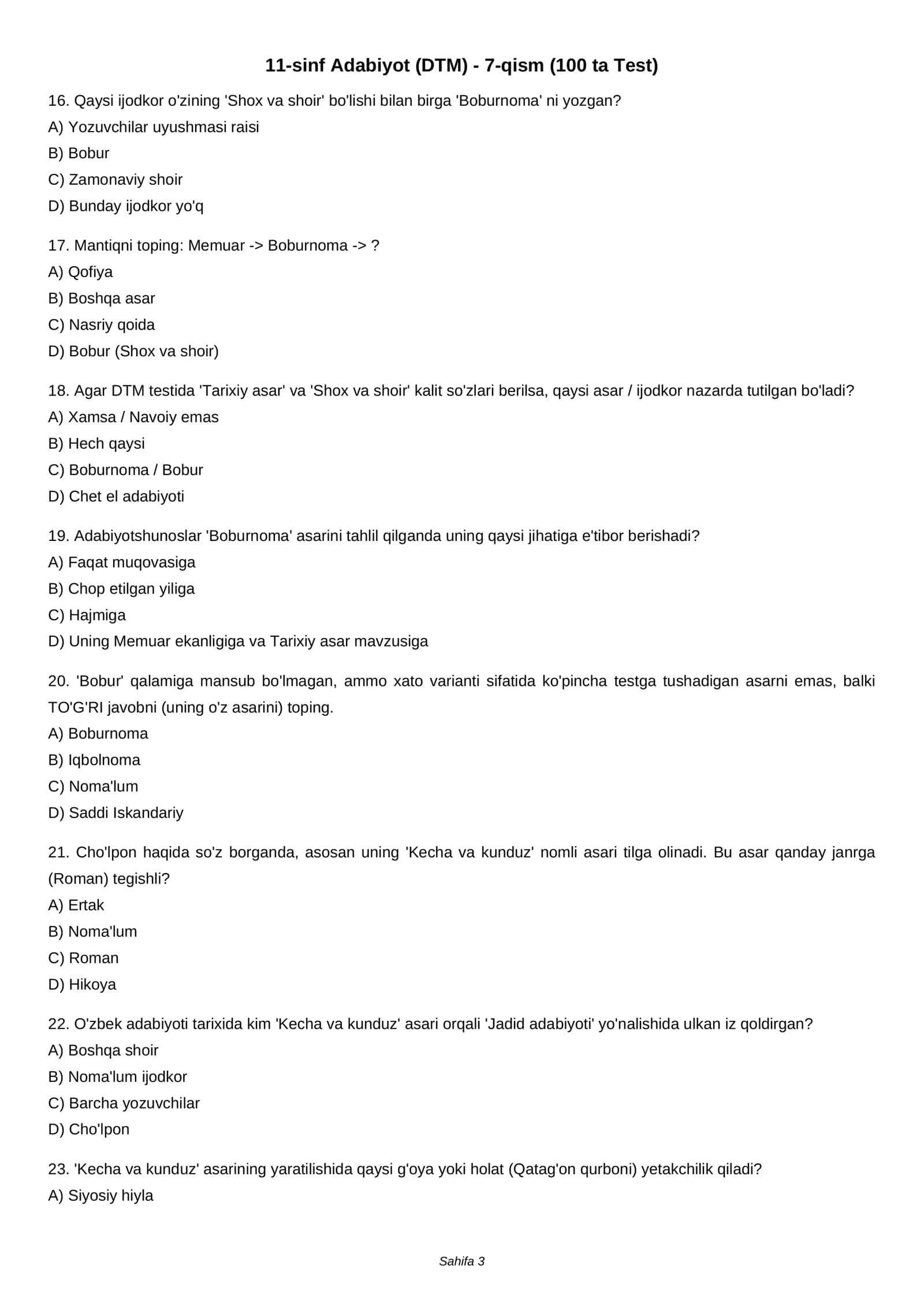 11-sinf Adabiyot (DTM) - 7-qism (100 ta Test) 3