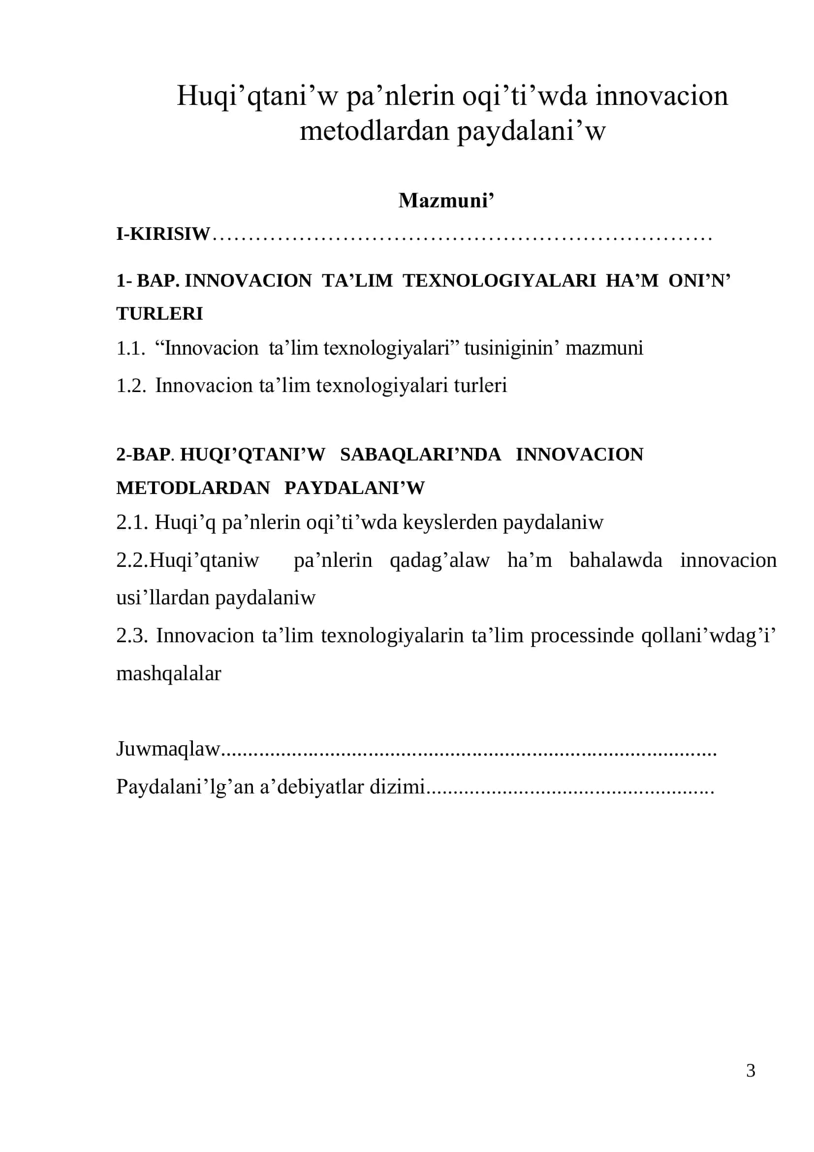 PITKERIW QA`NIGELIK JUMI’SI’ 3
