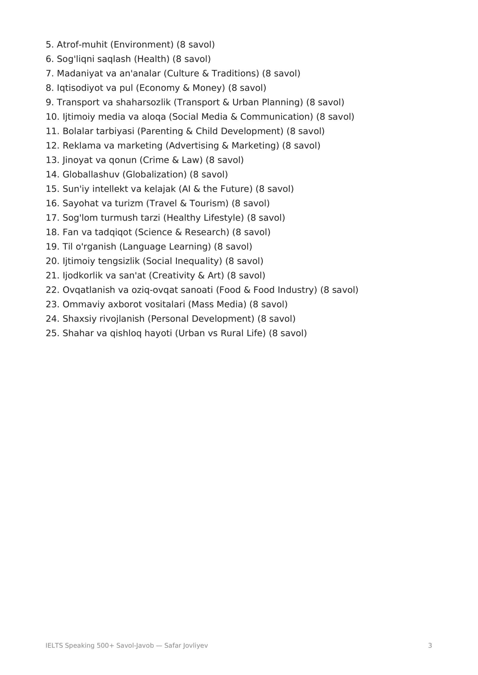 IELTS Speaking 500+ Savol-Javob 3