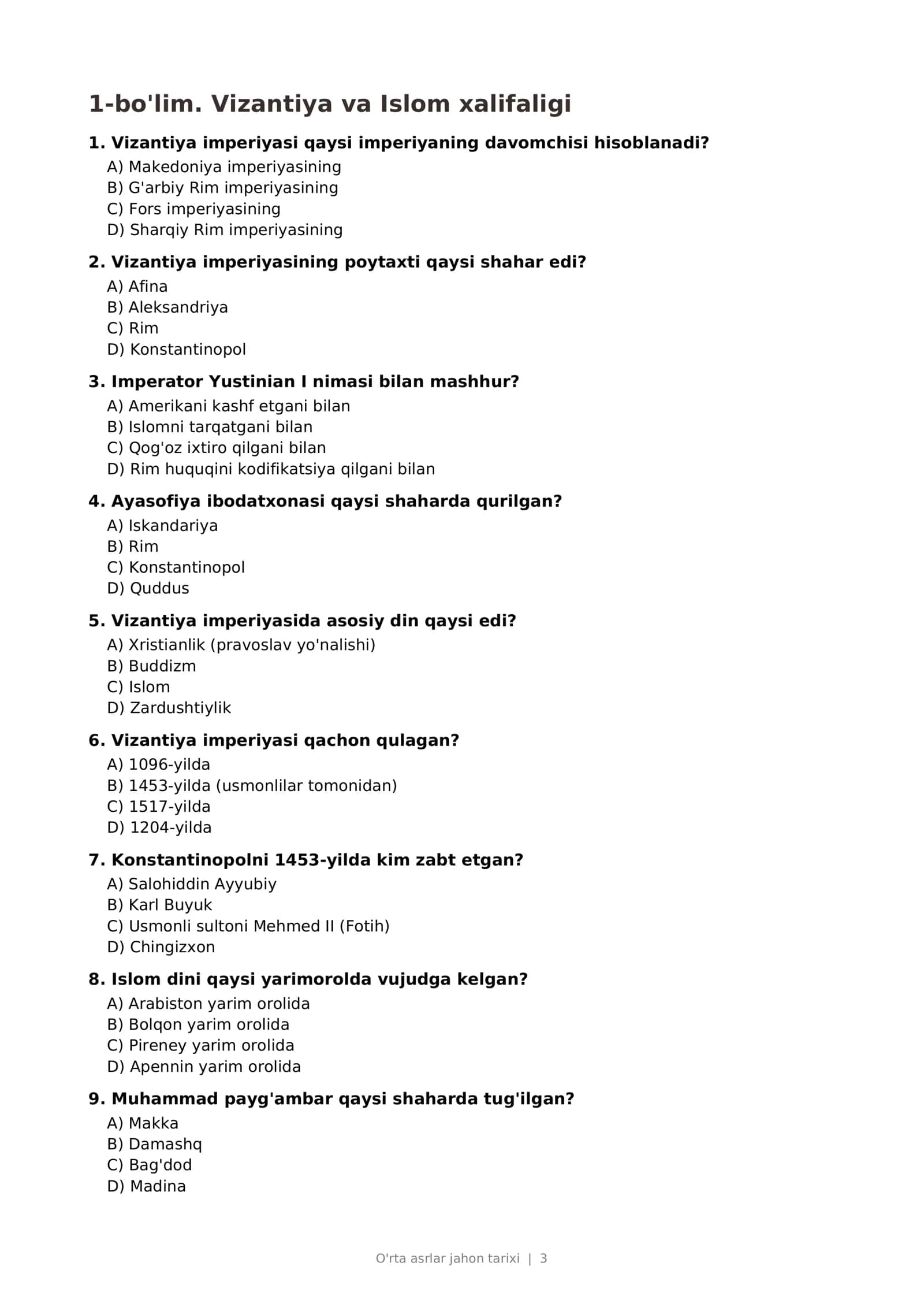 O'rta asrlar jahon tarixi — 400 ta test tayyor, 54 bet. 3
