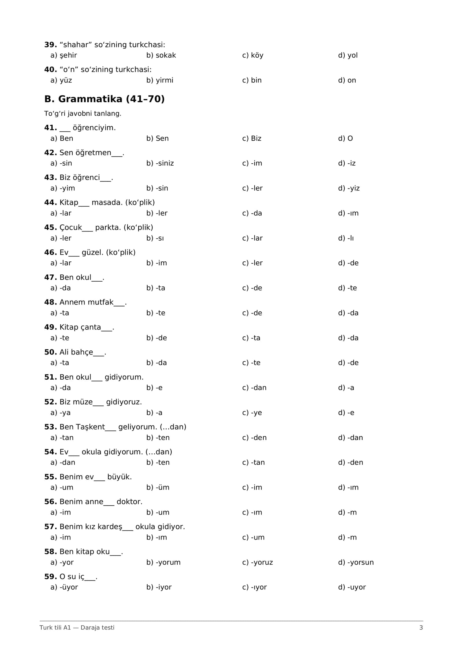 Turk tili A1 mini test: 100 savol + javoblar (PDF) 3