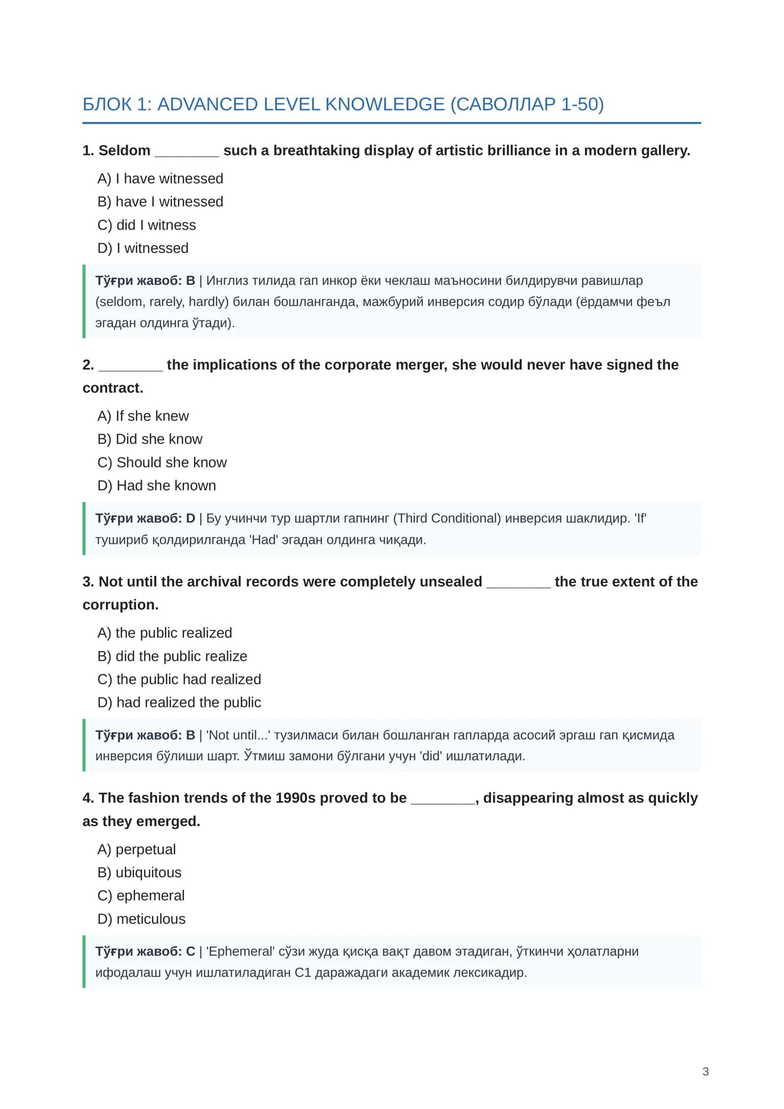 C1/C2 ADVANCED ENGLISH PROFICIENCY 1000 Test Questions Booklet 3