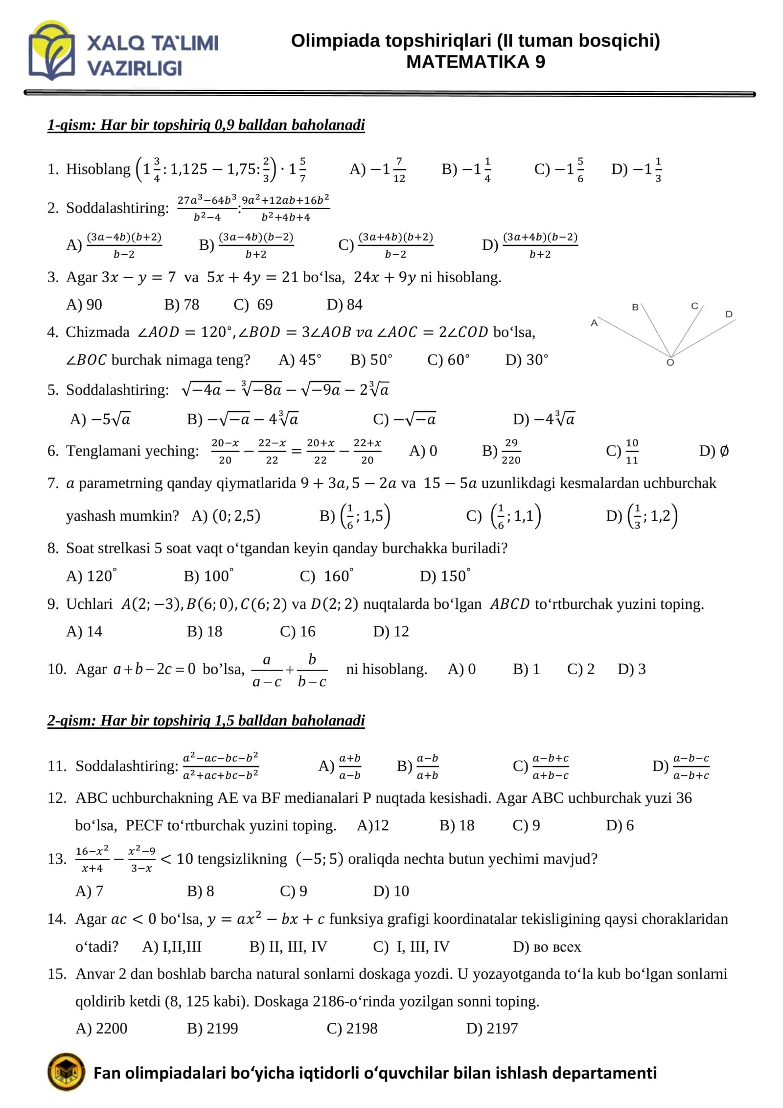 Matematika dan tuman Olimpiada savollari 3