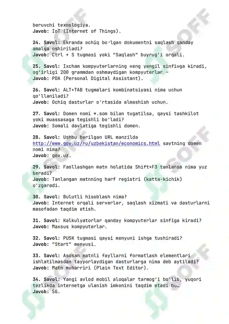 Argos Axborot-Kommunikatsiya Texnologiyalari Savol-Javoblar To'plami PDF - Mobil Aloqa va Dasturlar 3